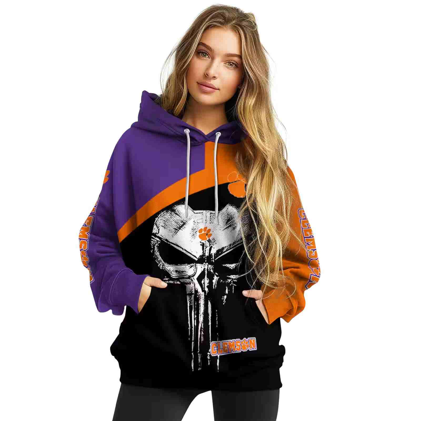 clemson tigers skull punisher purple black hoodie high quality