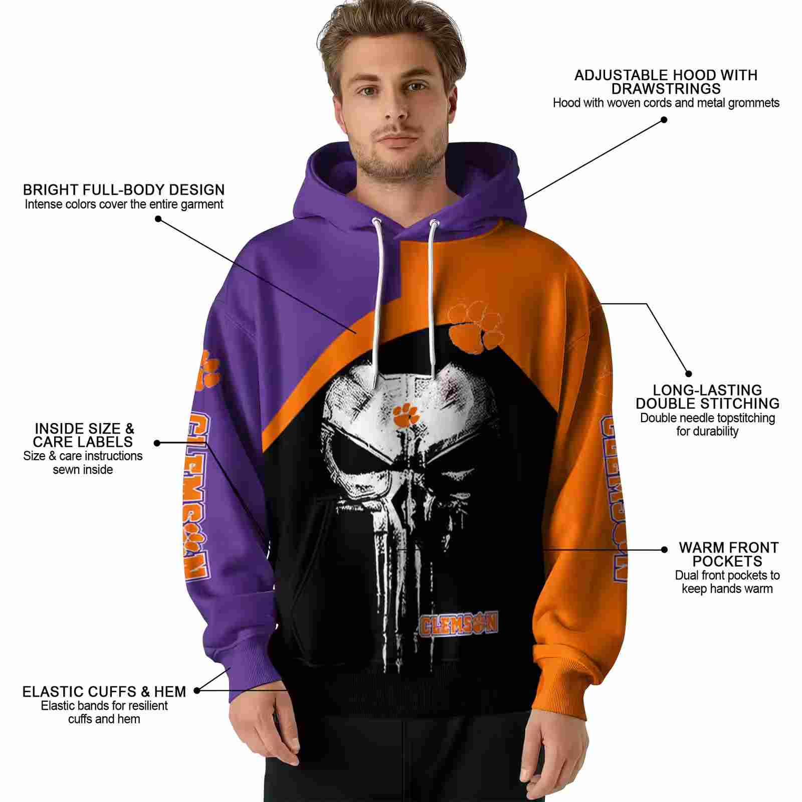 clemson tigers skull punisher purple black hoodie latest model