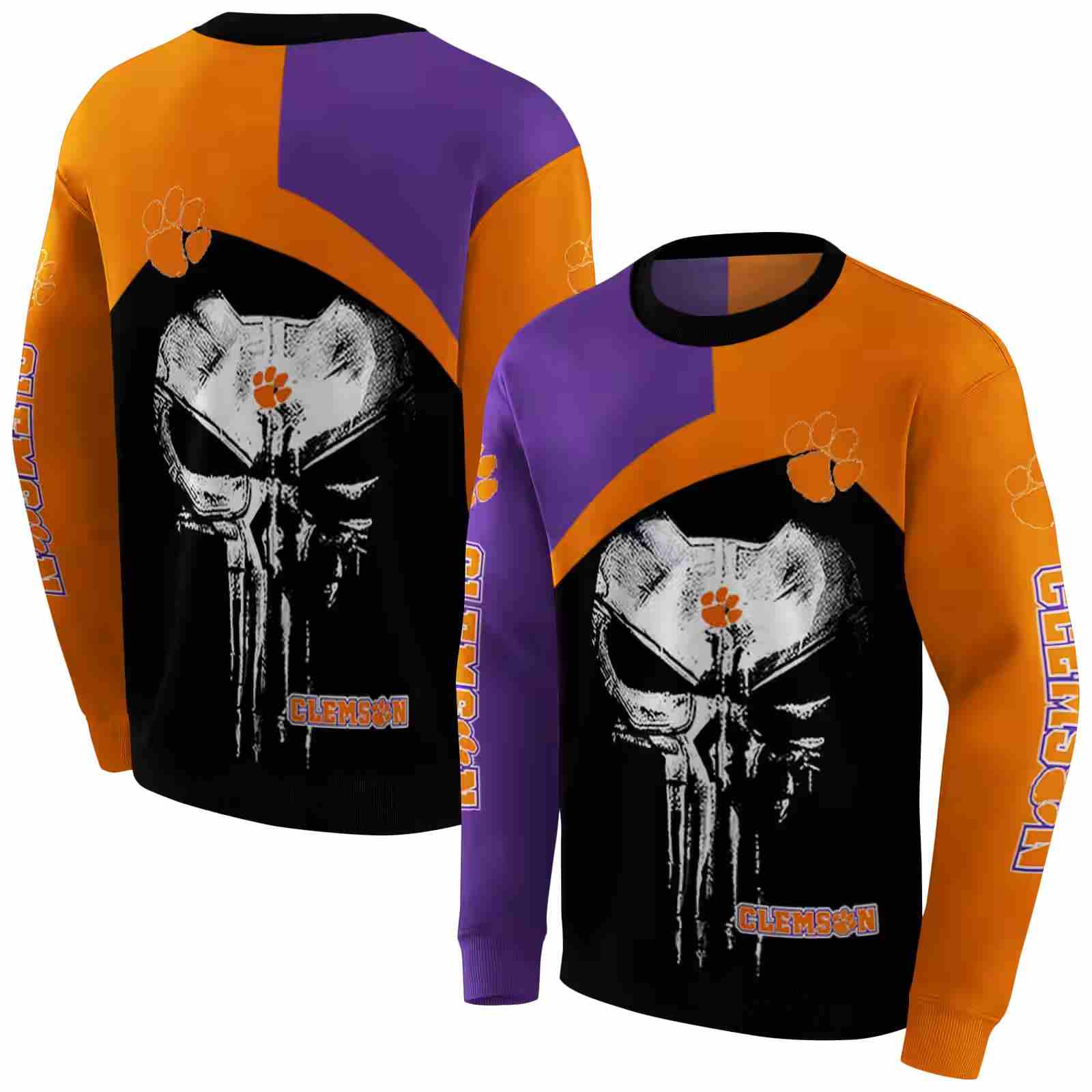 clemson tigers skull punisher purple black hoodie premium grade