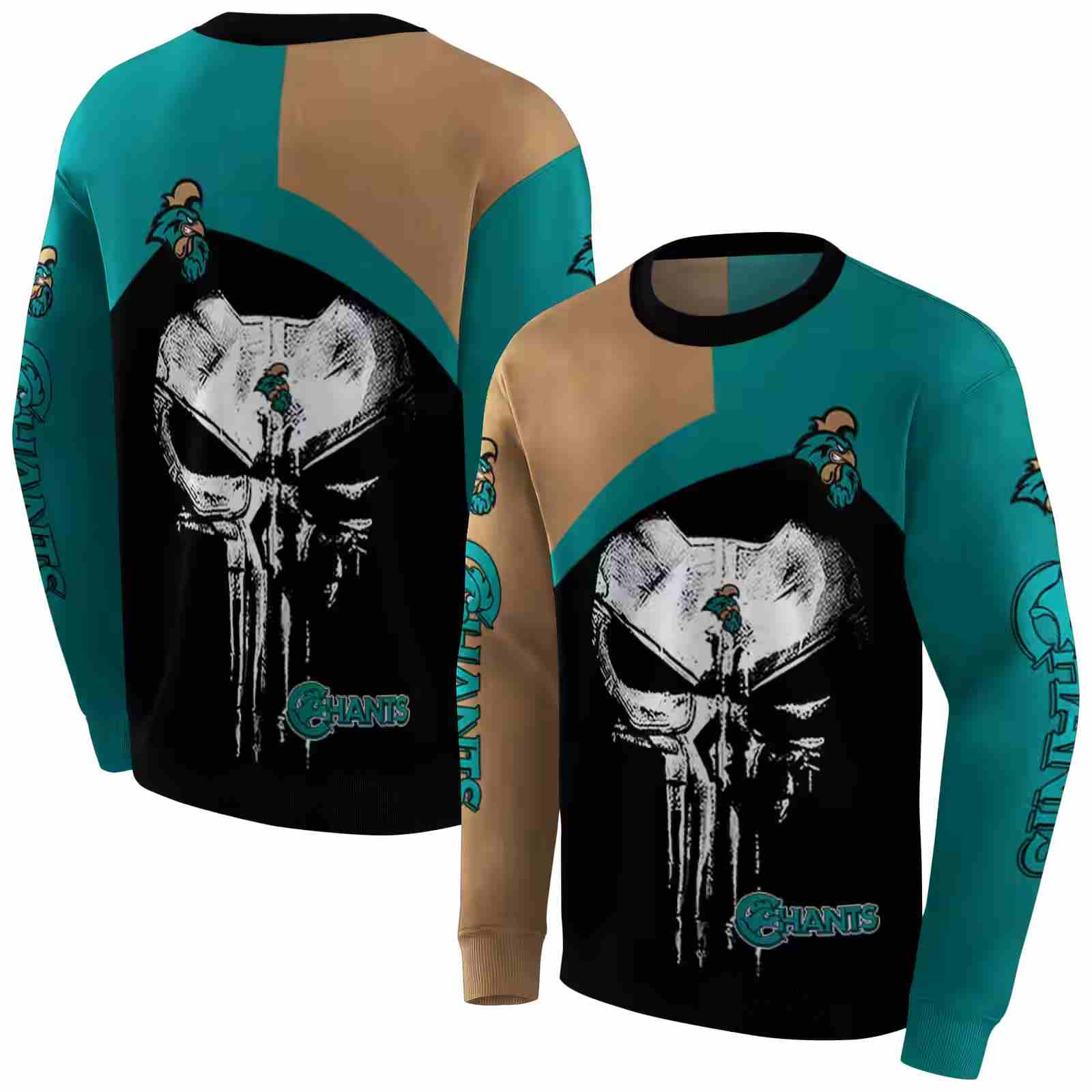 coastal carolina chanticleers skull punisher gold black hoodie premium grade