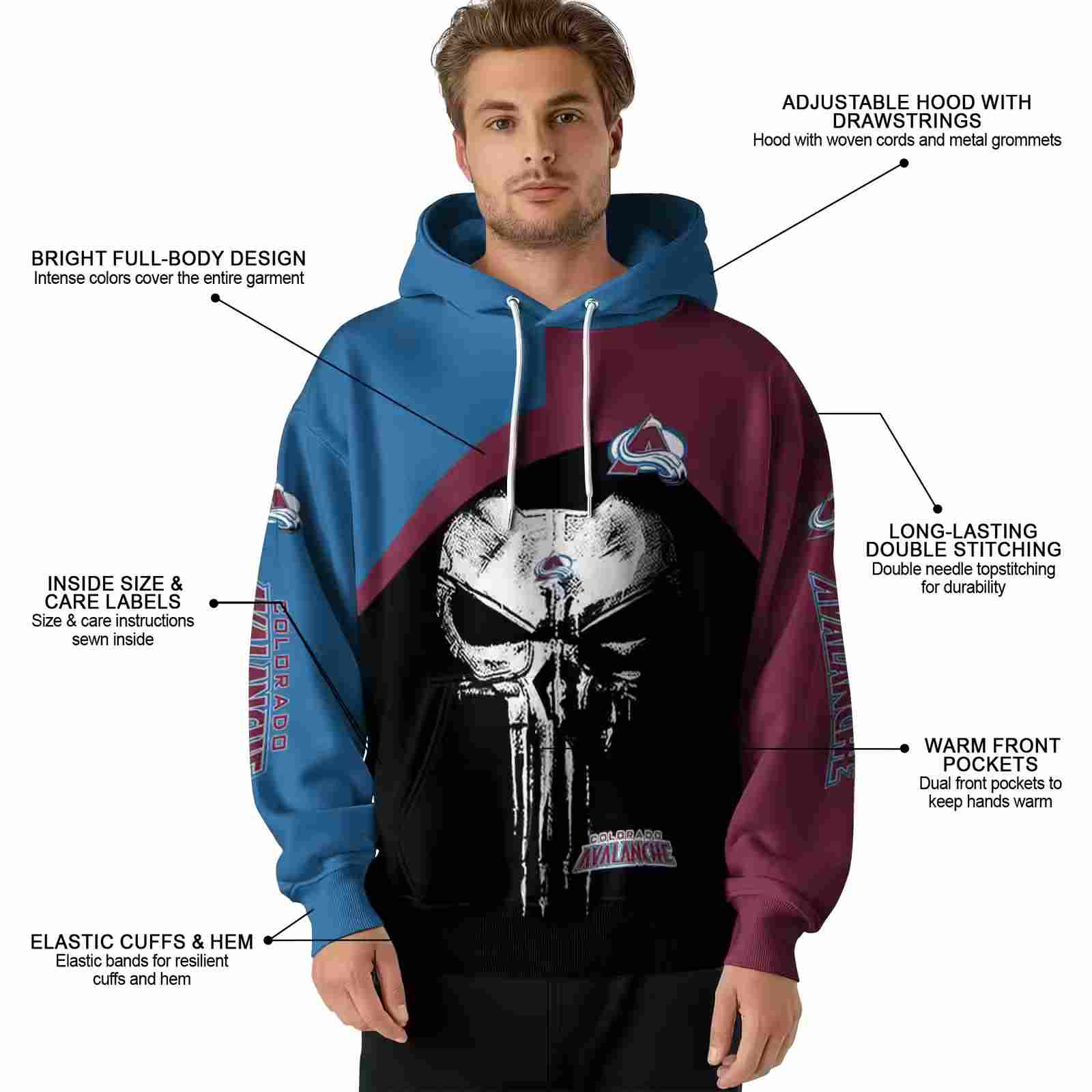 colorado avalanche skull punisher blue black hoodie latest model