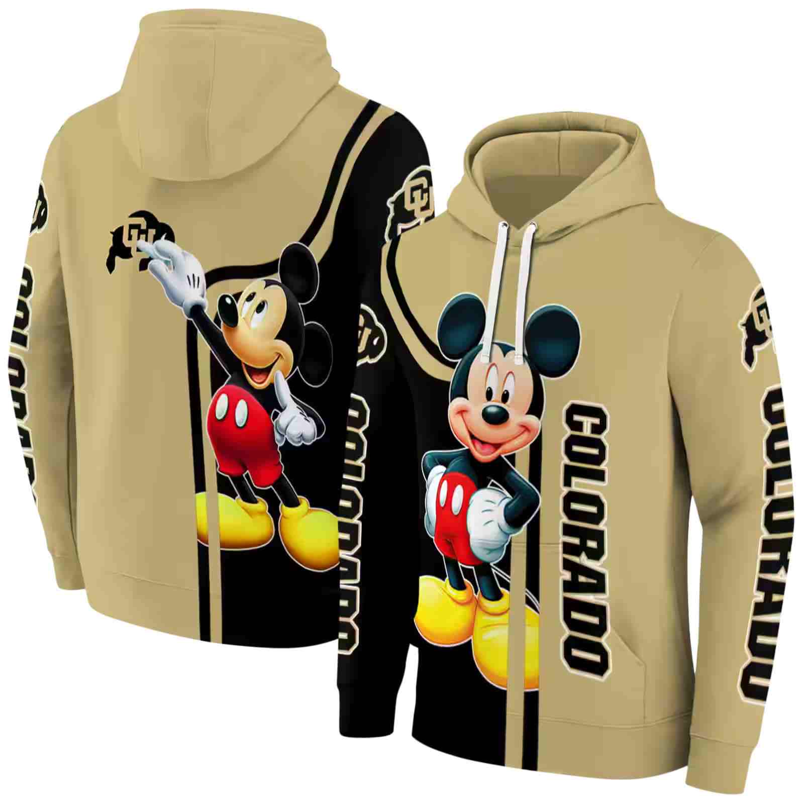 colorado buffaloes mickey mouse gold black hoodie fashion forward