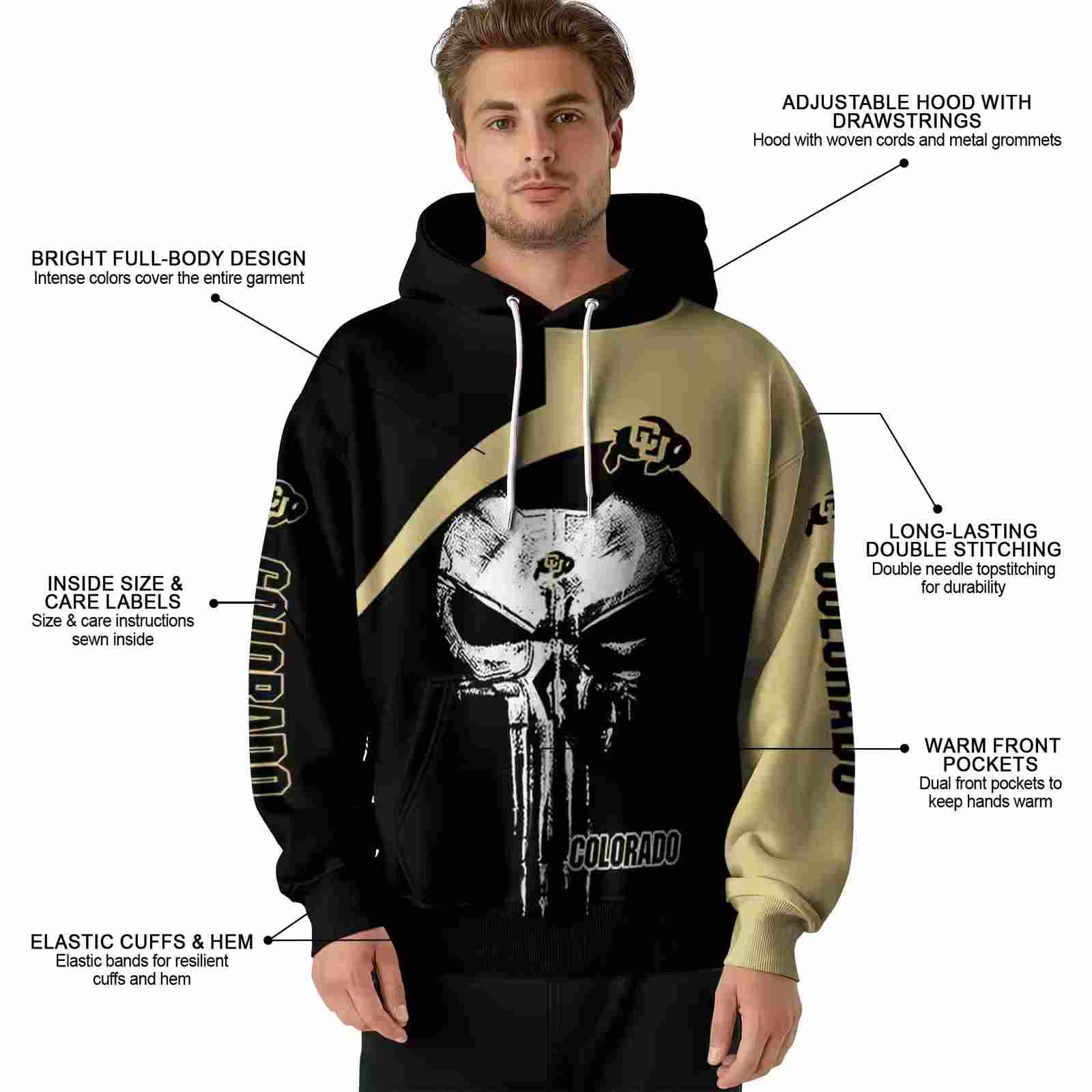 colorado buffaloes skull punisher black hoodie latest model