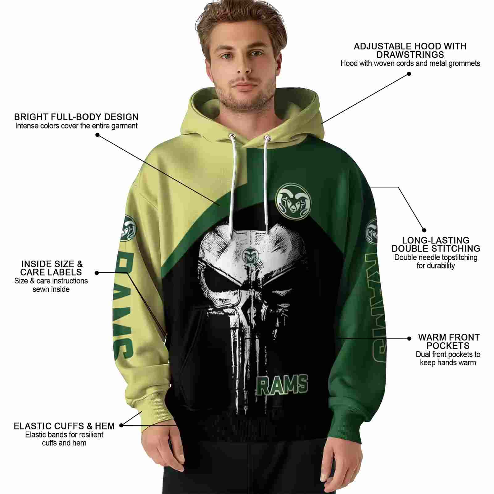 colorado state rams skull punisher gold black hoodie latest model