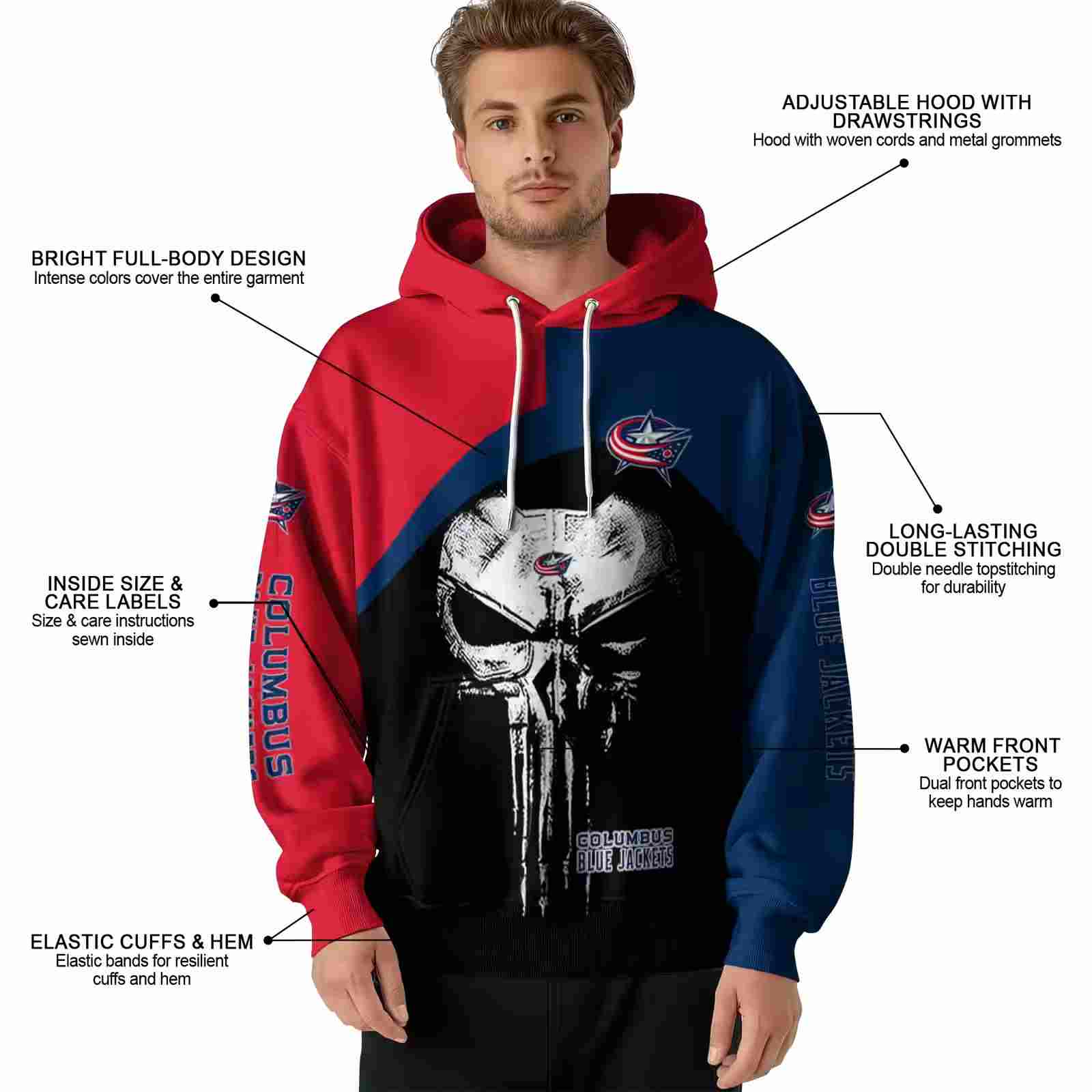 columbus blue jackets skull punisher red black hoodie latest model