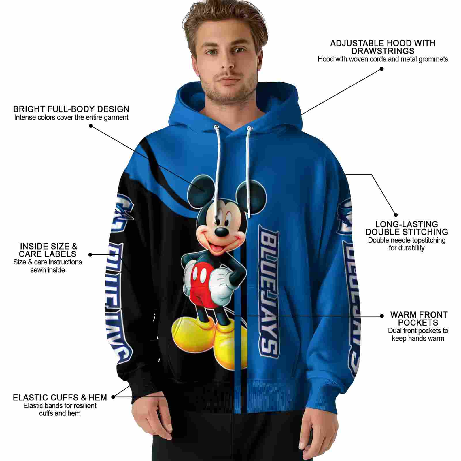 creighton bluejays mickey mouse blue black hoodie latest model