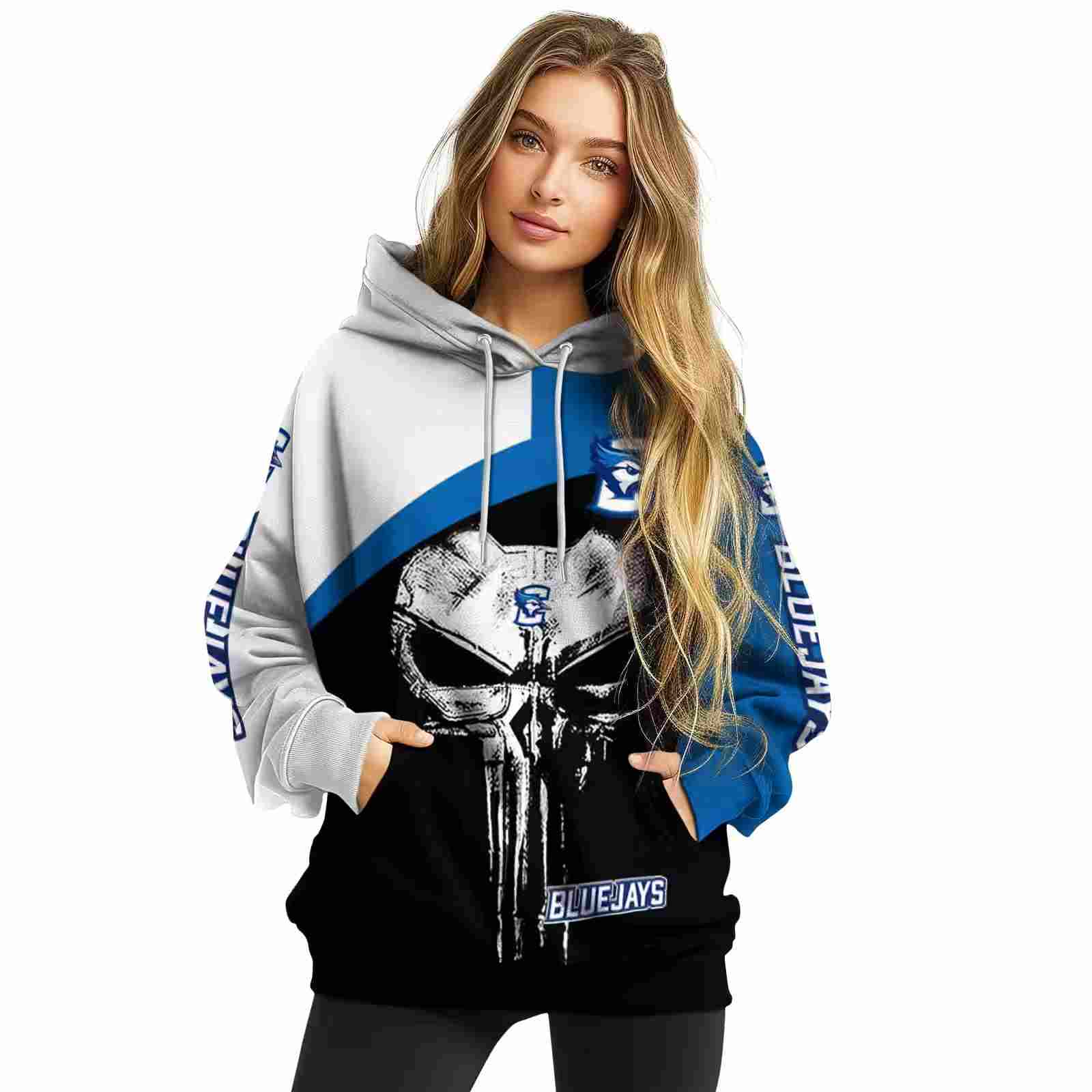 creighton bluejays skull punisher white black hoodie high quality