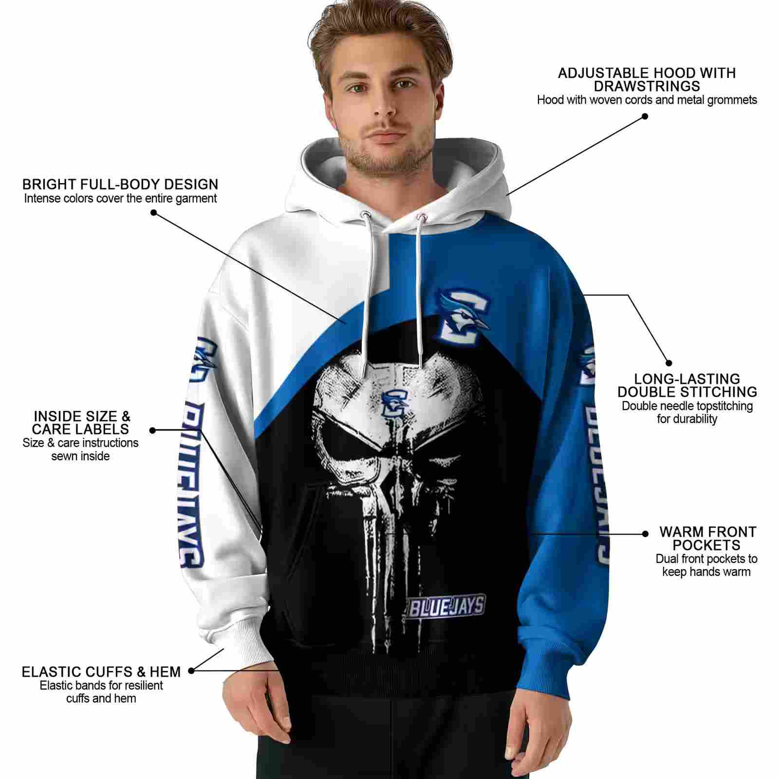 creighton bluejays skull punisher white black hoodie latest model