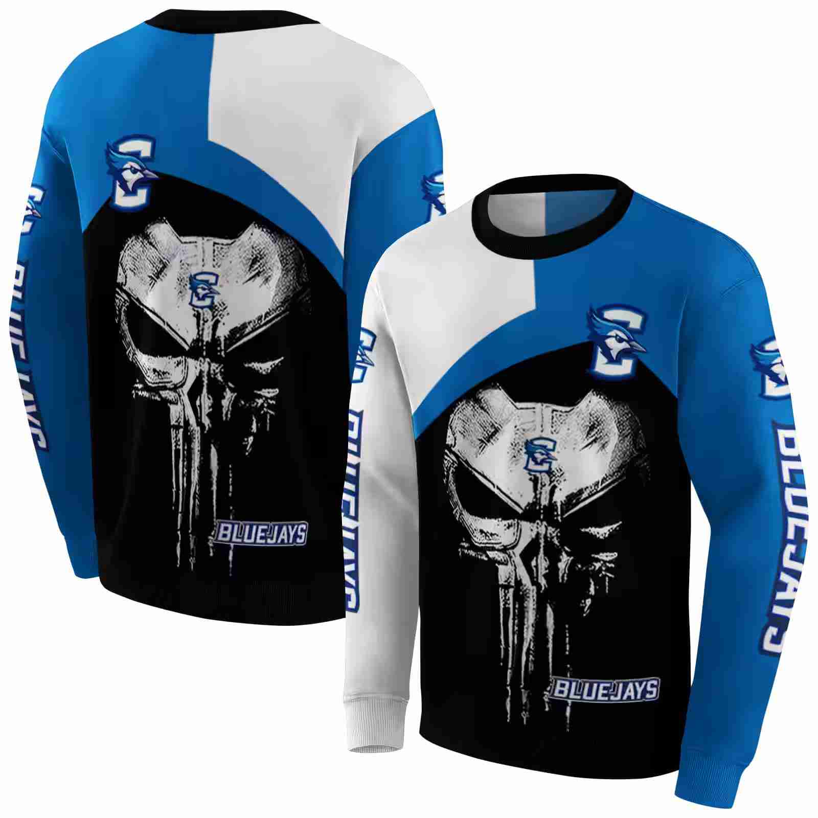 creighton bluejays skull punisher white black hoodie premium grade