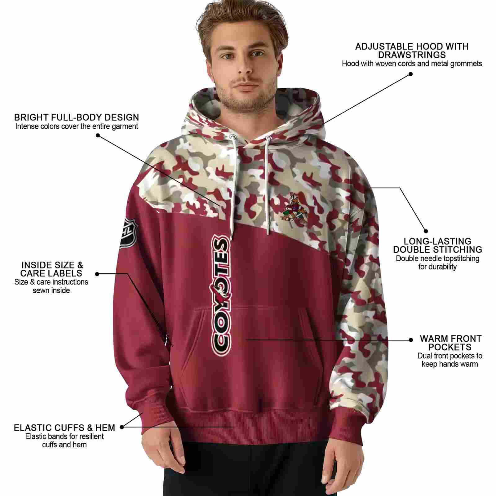 custom arizona coyotes camo pattern red hoodie latest model