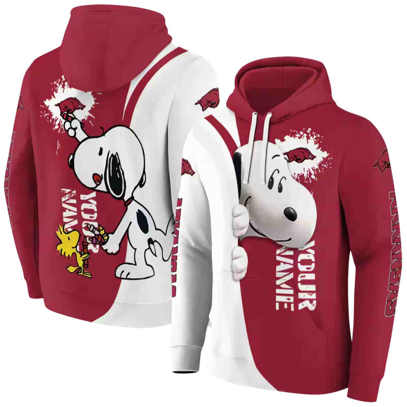 custom arkansas razorbacks peeking snoopy red hoodie fashion forward