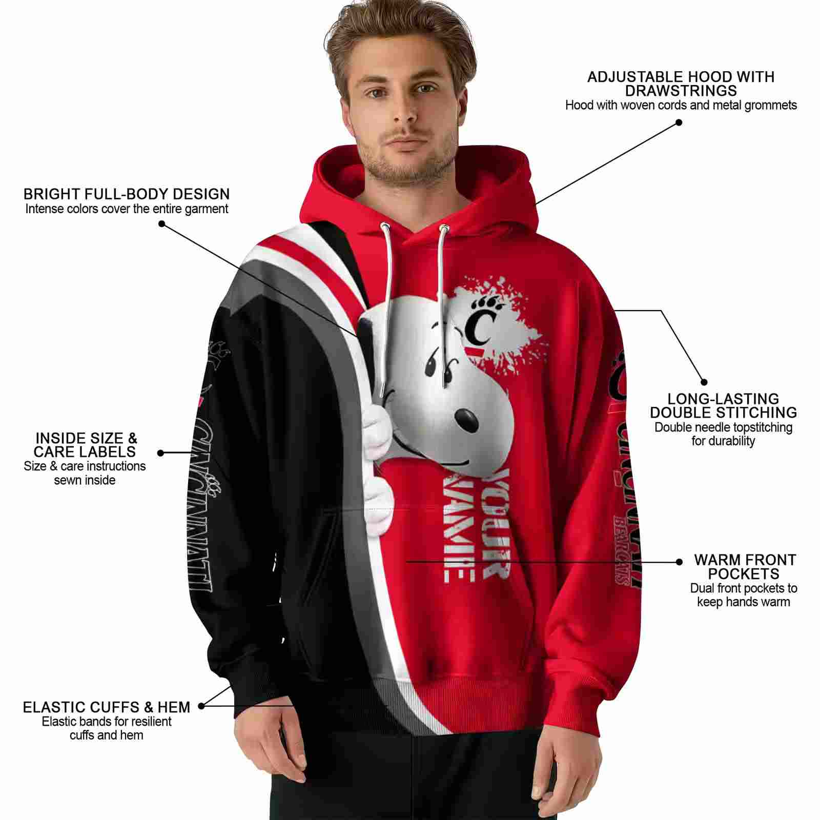 custom cincinnati bearcats peeking snoopy red hoodie latest model