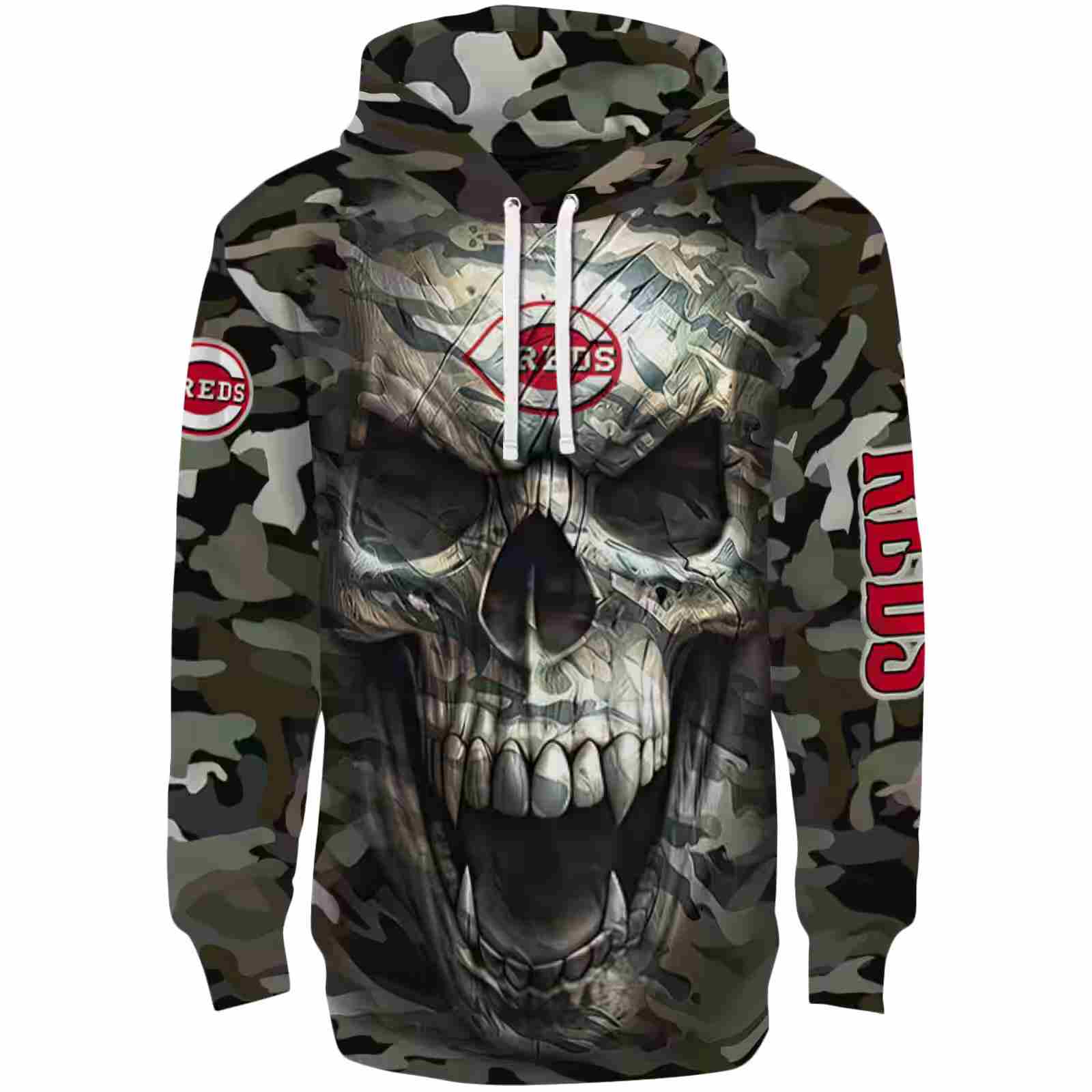 Custom Cincinnati Reds Camo Skull Hoodie