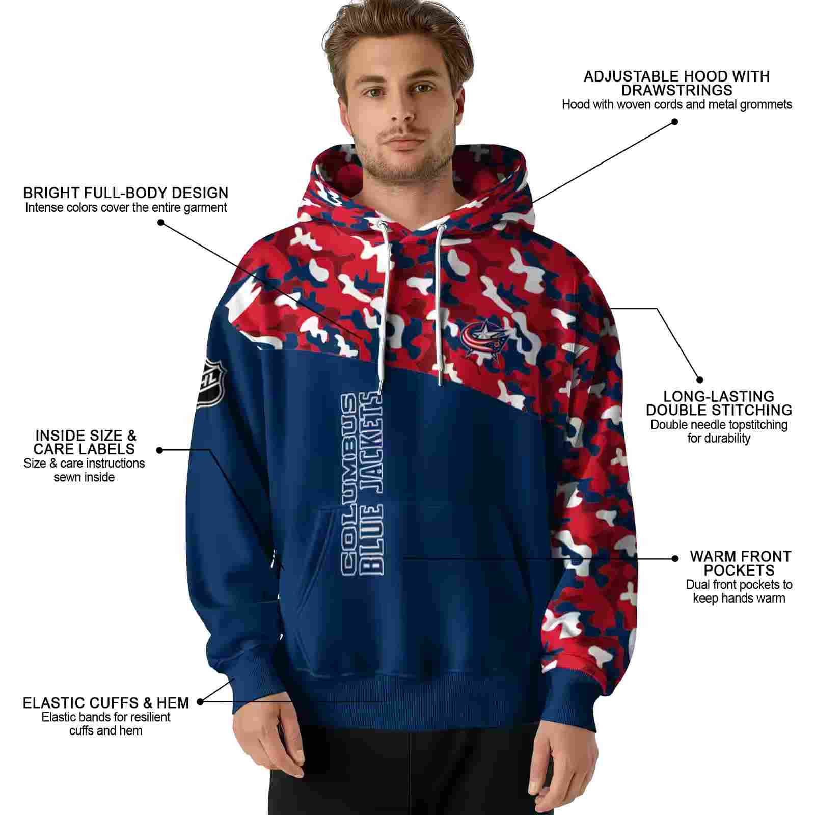 custom columbus blue jackets camo pattern navy blue hoodie latest model