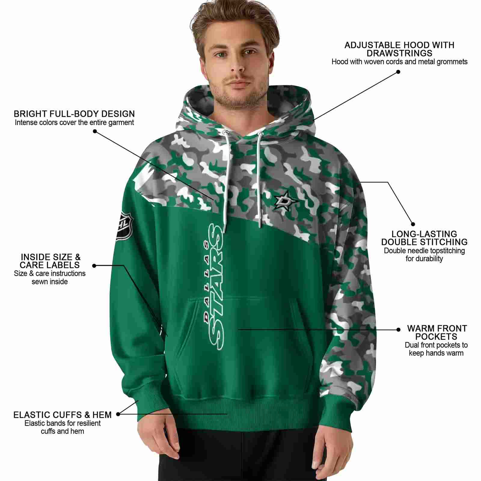 custom dallas stars camo pattern green hoodie latest model