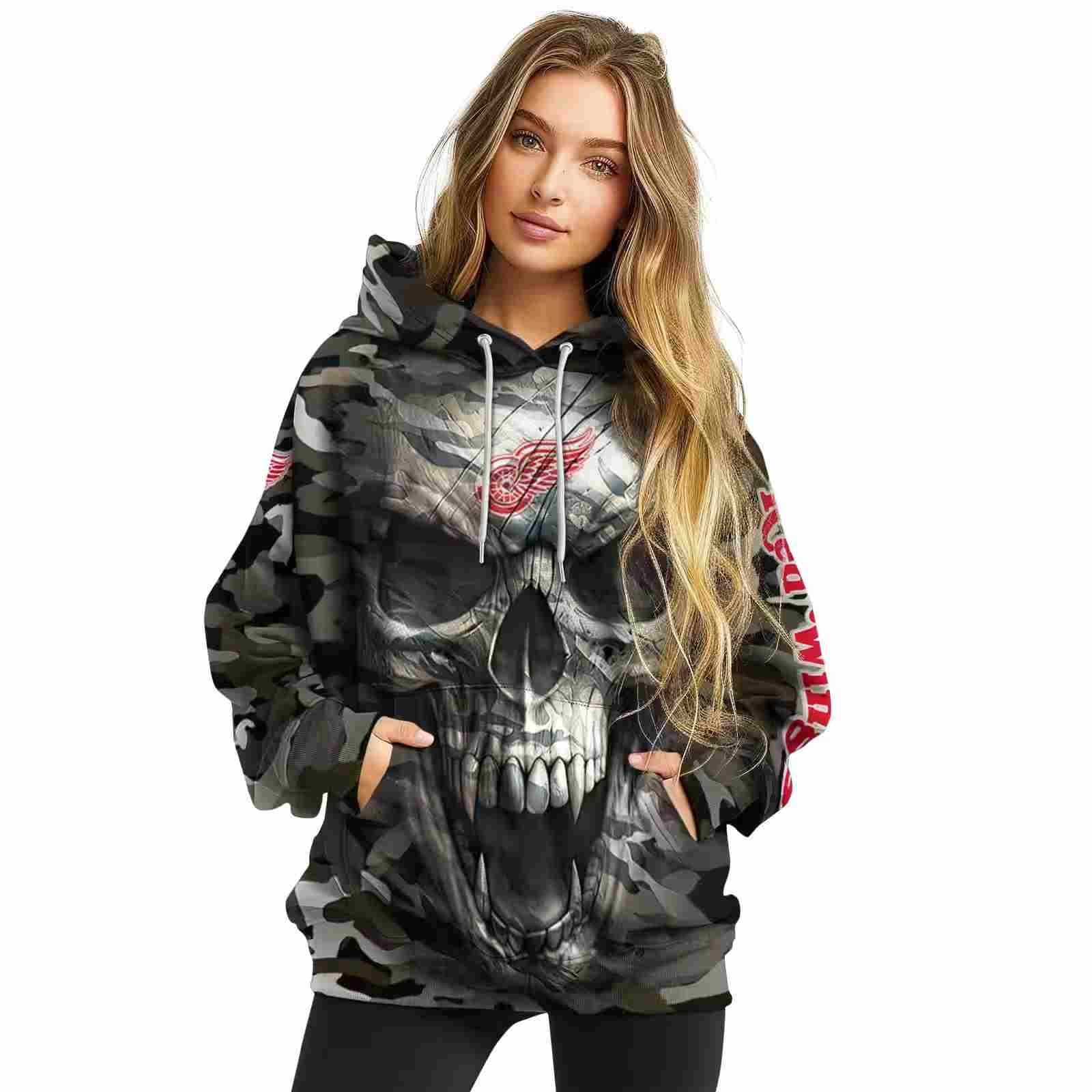 custom detroit red wings camo skull hoodie high quality