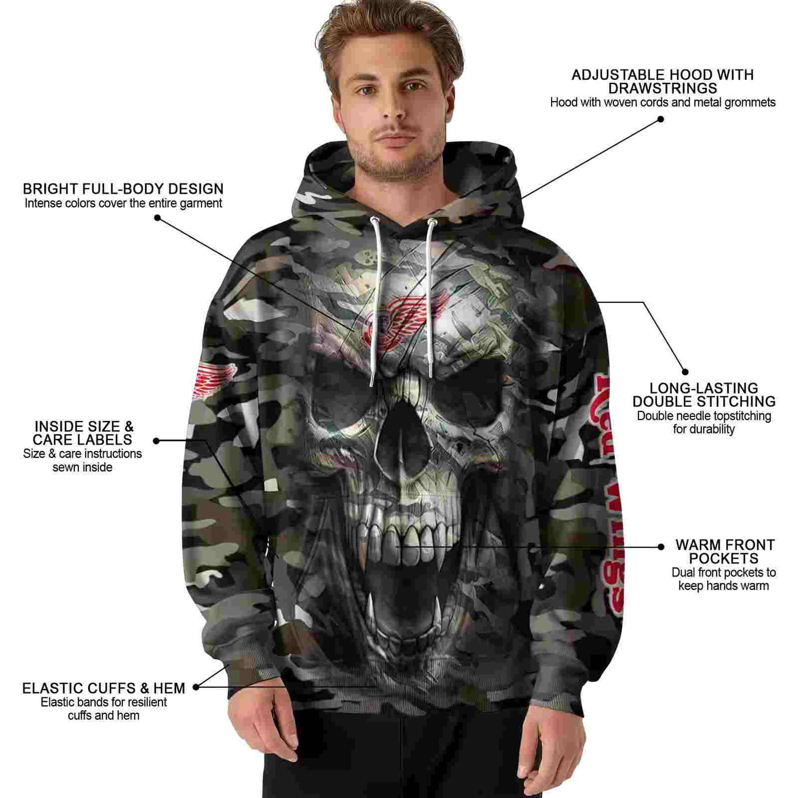 custom detroit red wings camo skull hoodie latest model