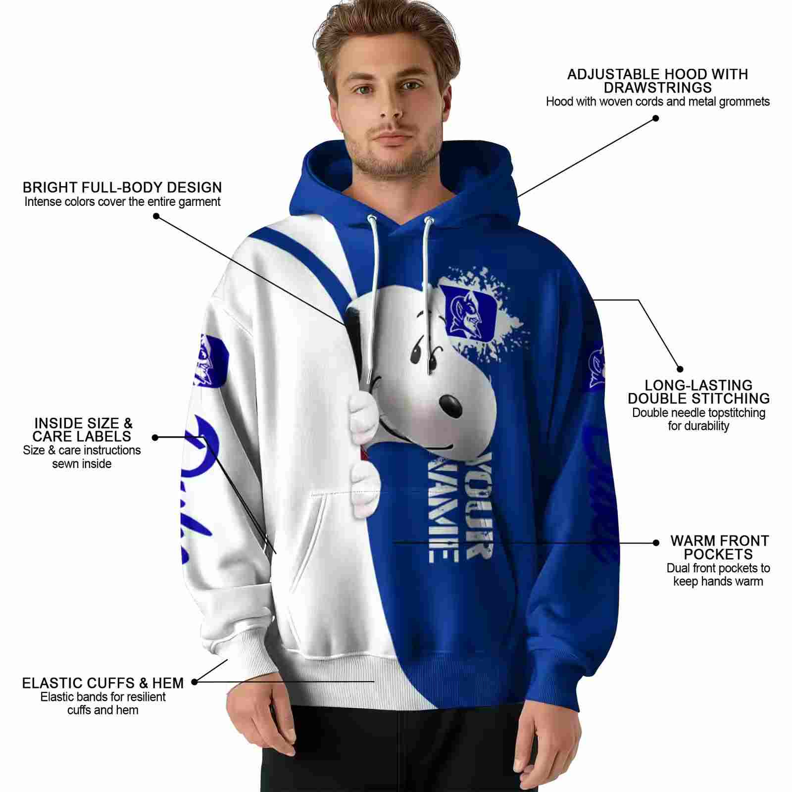 custom duke blue devils peeking snoopy blue hoodie latest model