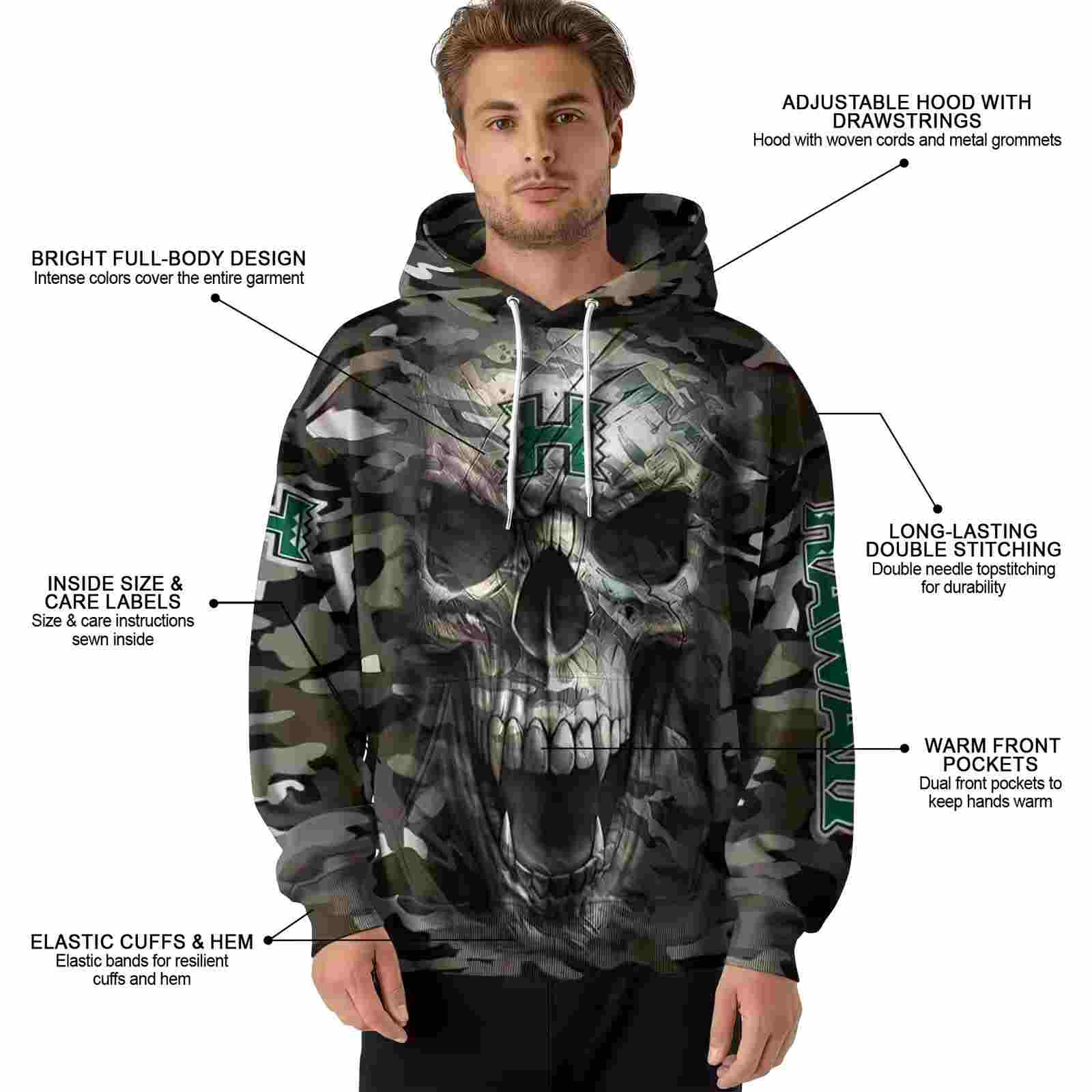 custom hawaii rainbow warriors camo skull hoodie latest model