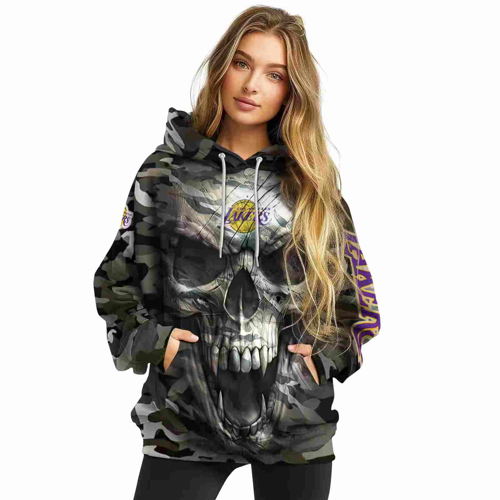 custom los angeles lakers camo skull hoodie high quality