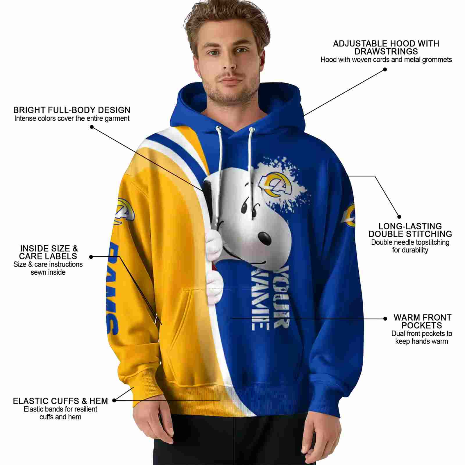 custom los angeles rams peeking snoopy blue hoodie latest model