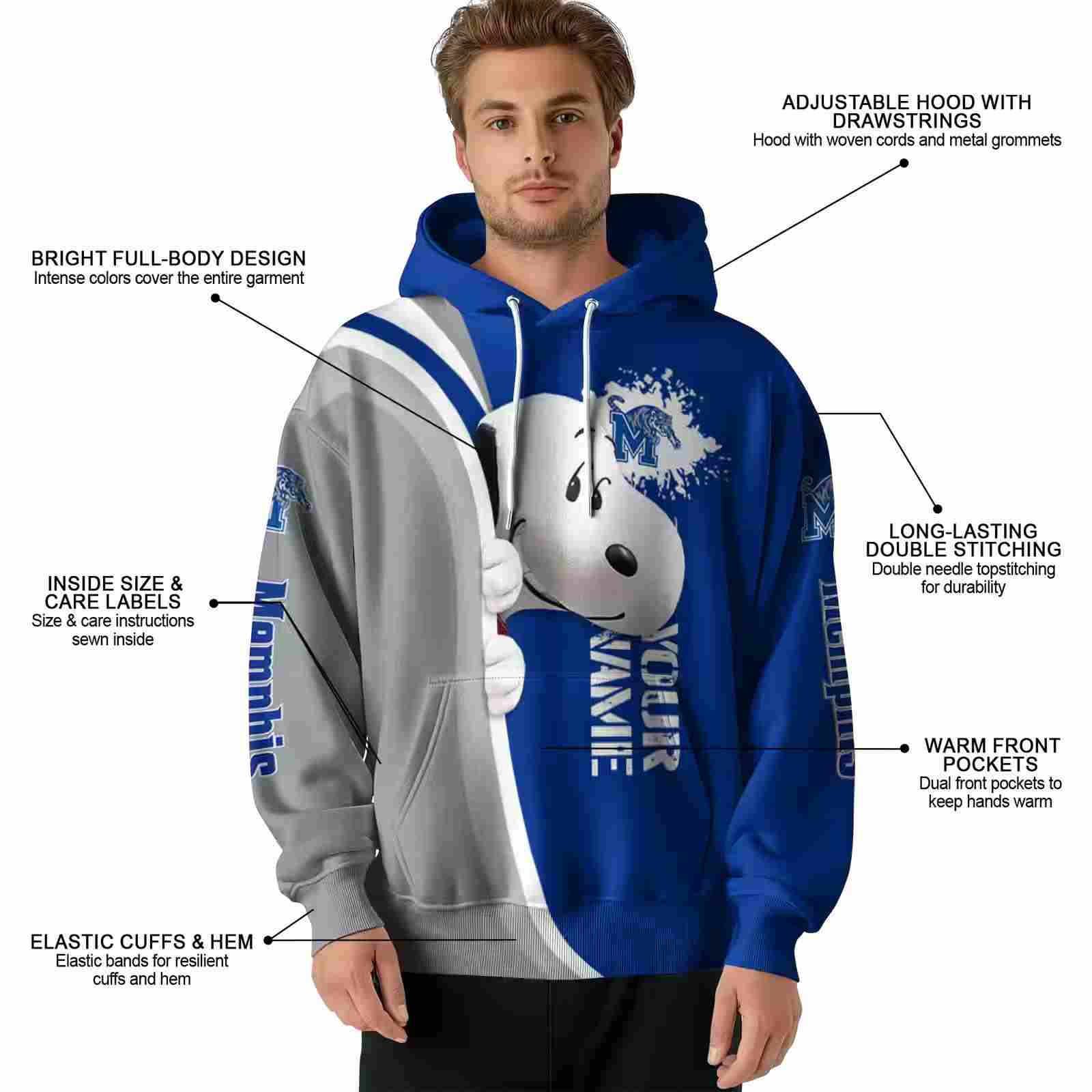 custom memphis tigers peeking snoopy blue hoodie latest model