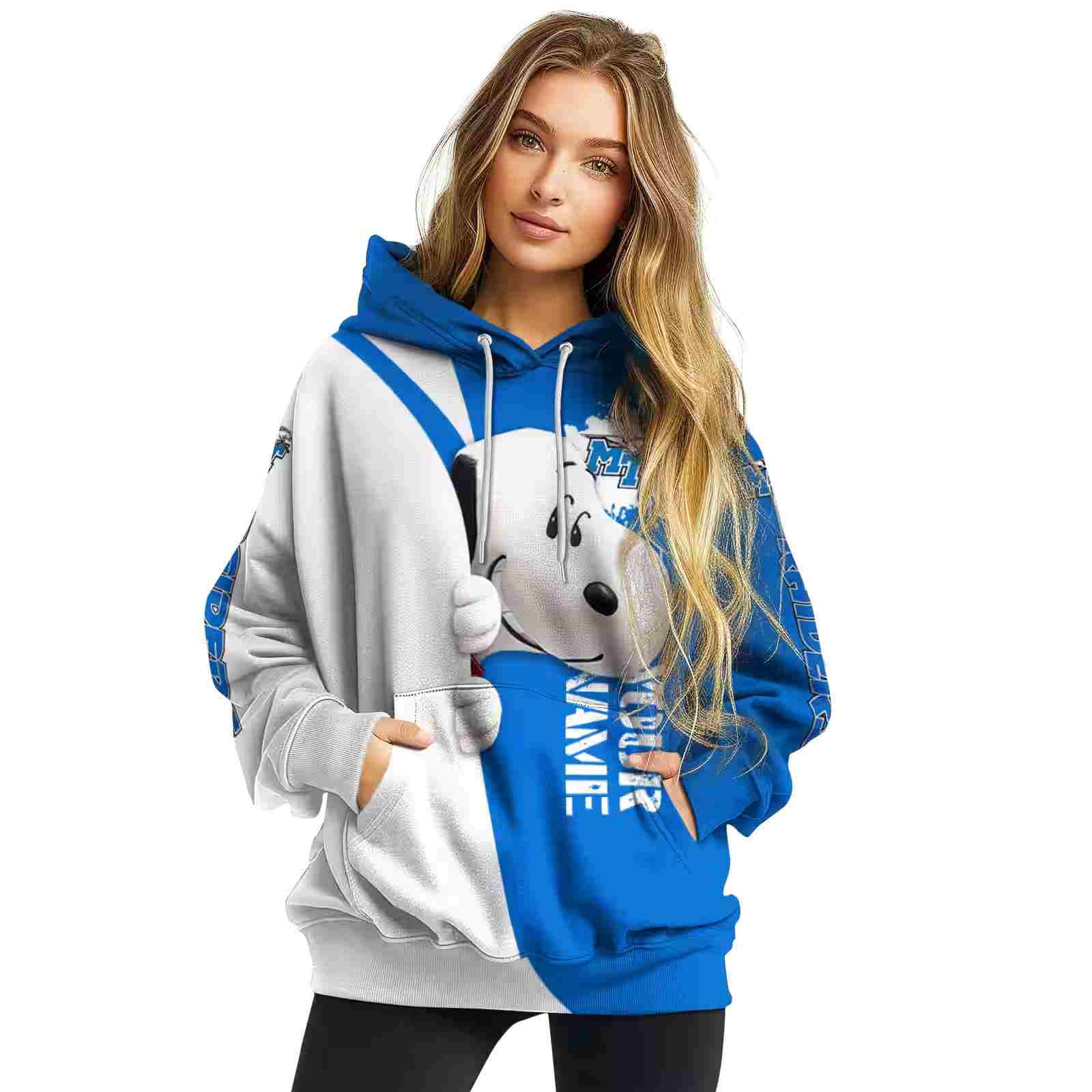 custom middle tennessee blue raiders peeking snoopy blue hoodie high quality