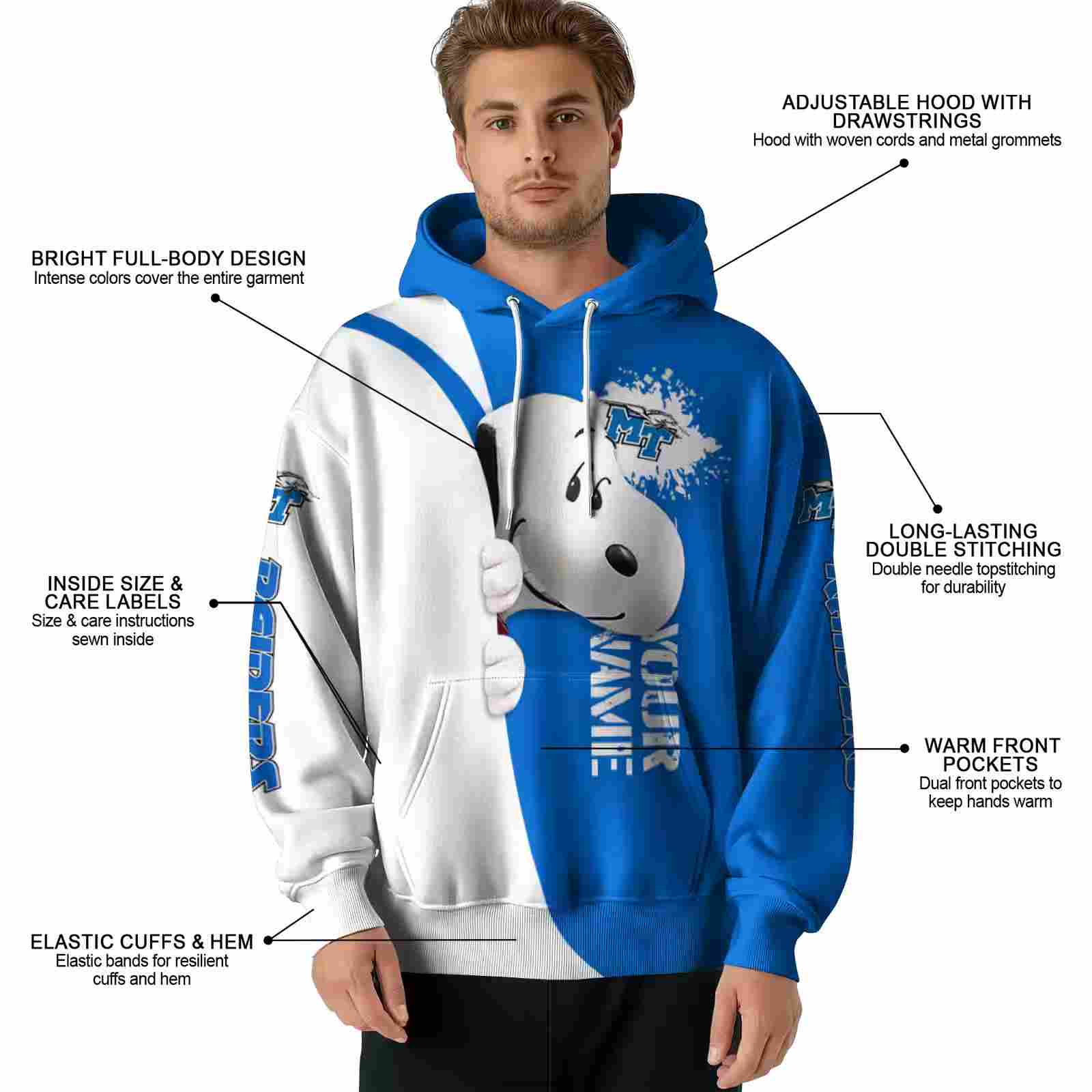 custom middle tennessee blue raiders peeking snoopy blue hoodie latest model