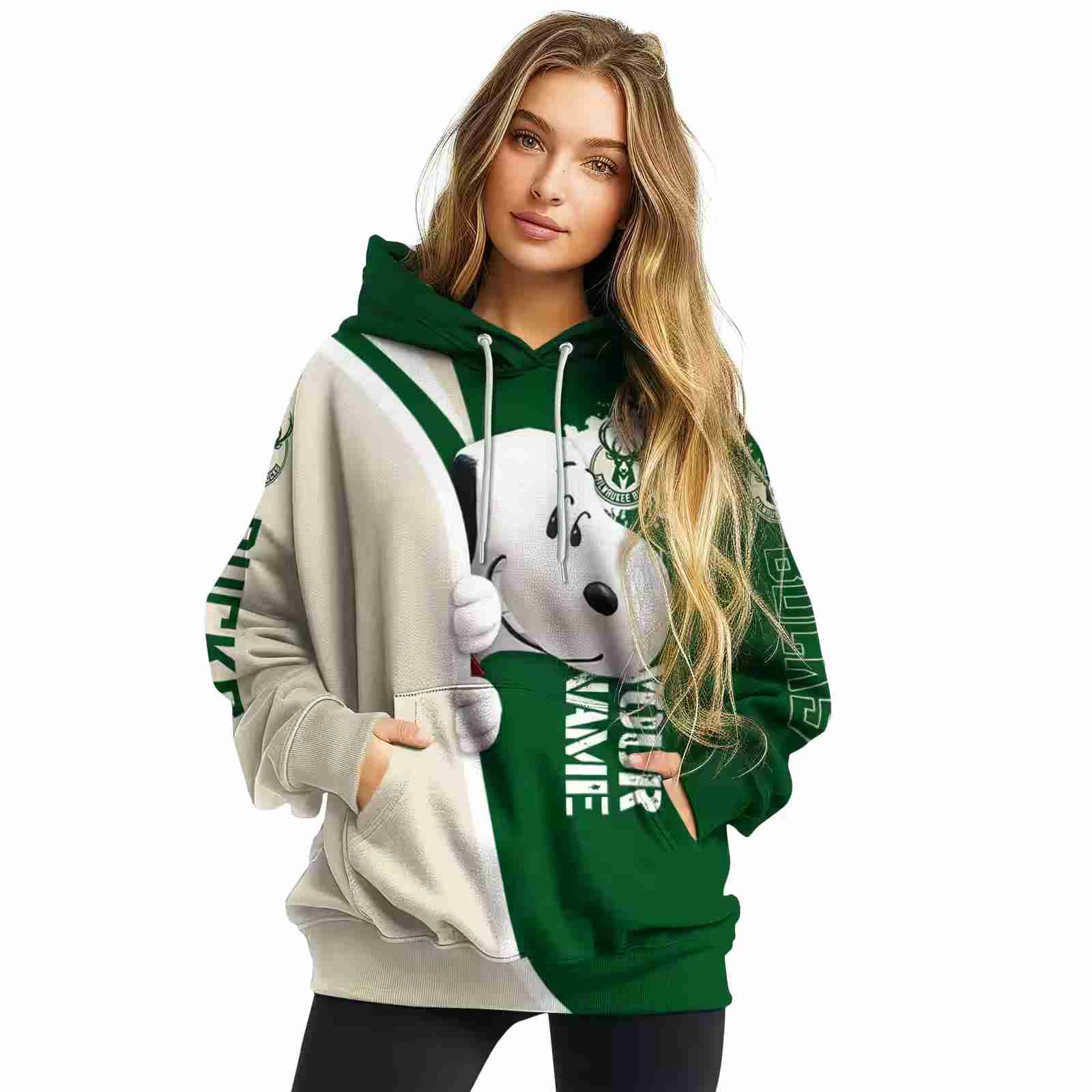 custom milwaukee bucks peeking snoopy green hoodie high quality