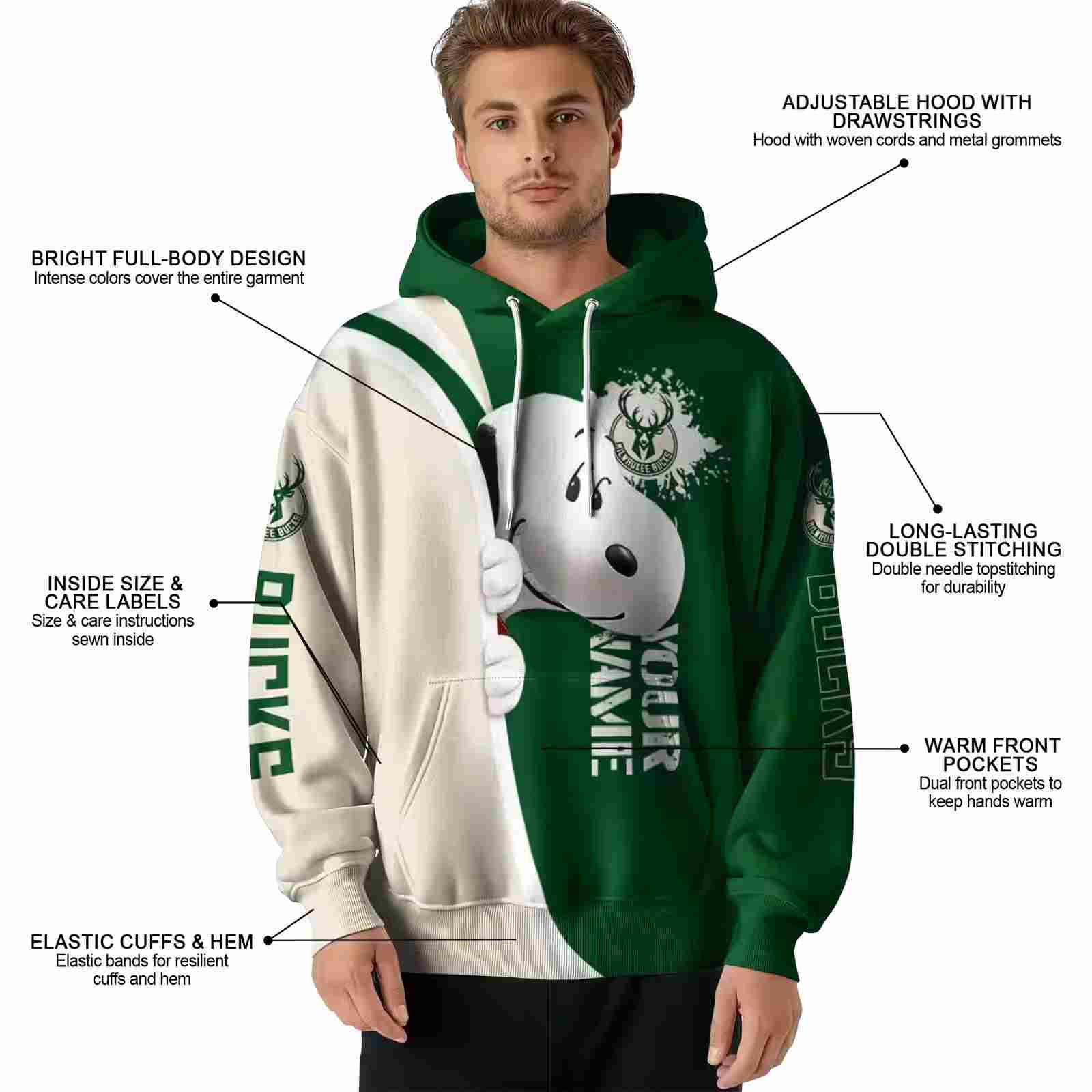 custom milwaukee bucks peeking snoopy green hoodie latest model