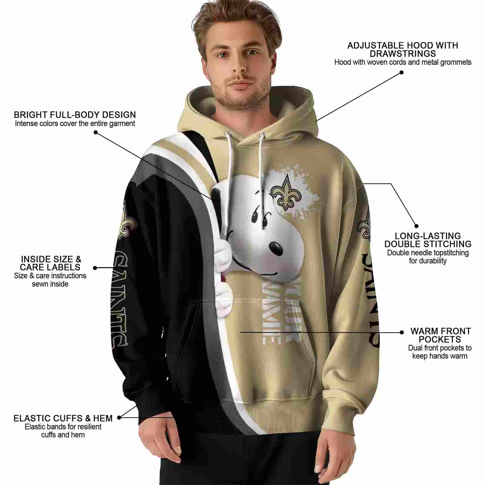 custom new orleans saints peeking snoopy gold hoodie latest model