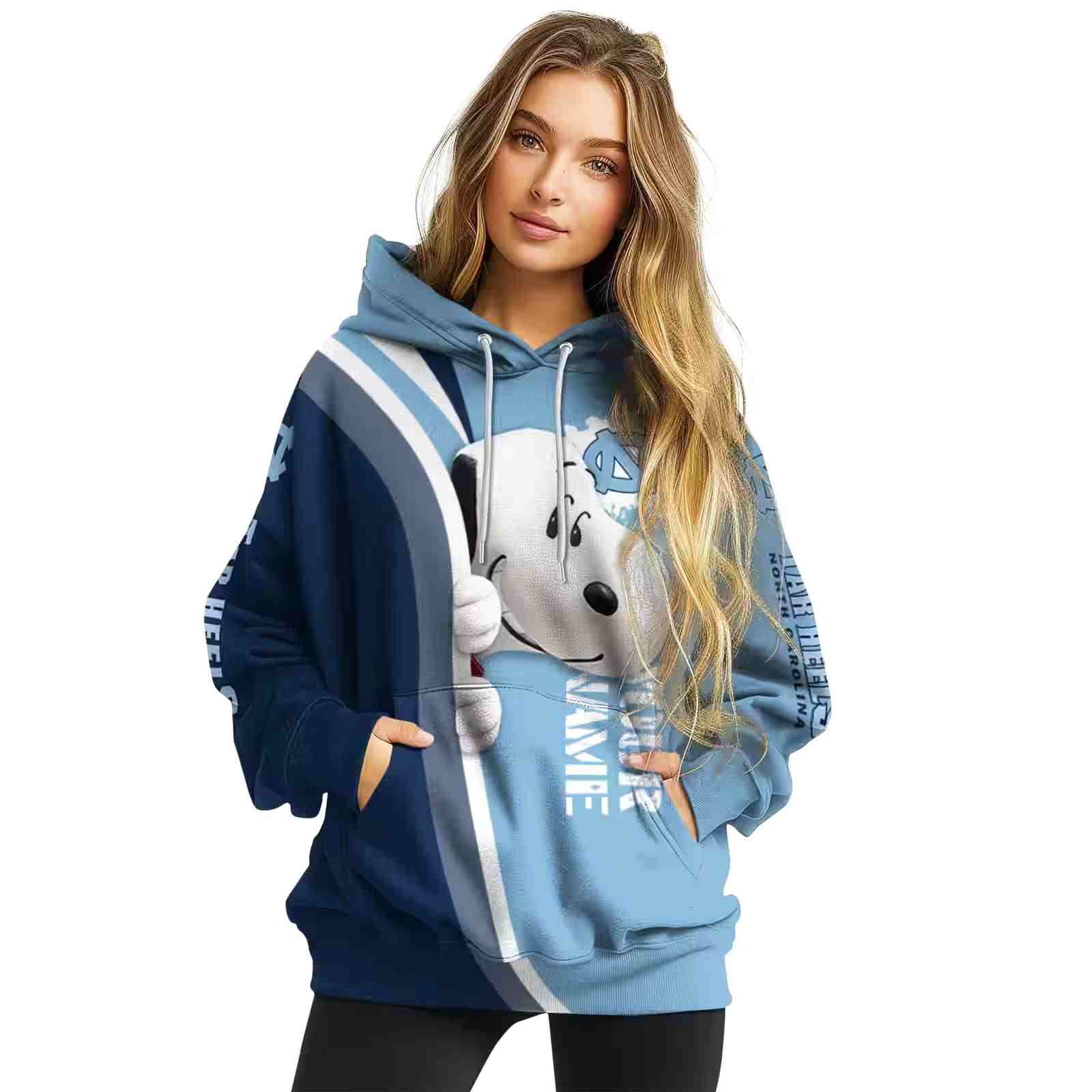 custom north carolina tar heels peeking snoopy light blue hoodie high quality