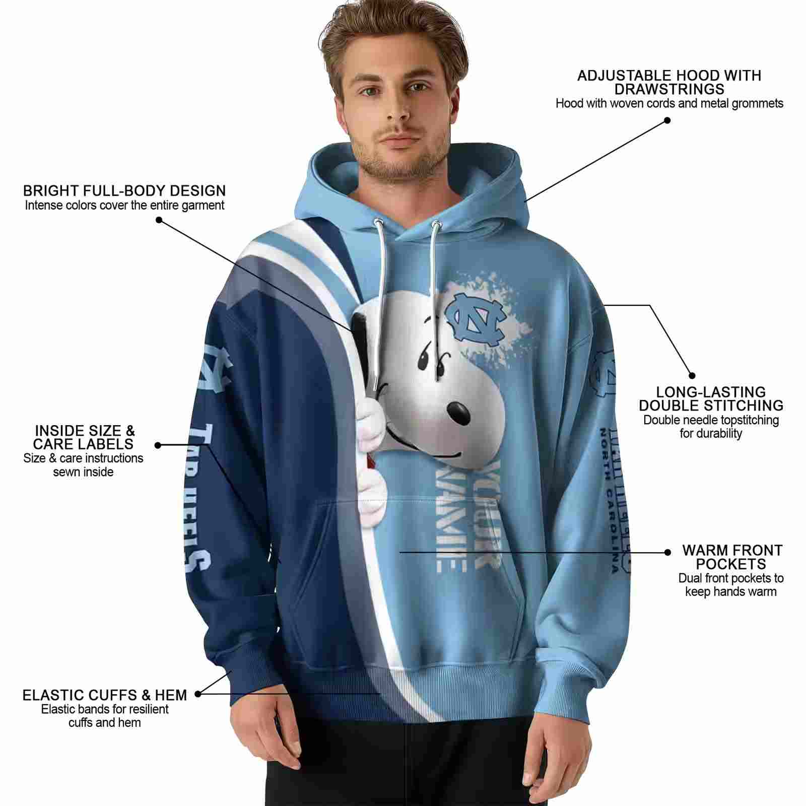 custom north carolina tar heels peeking snoopy light blue hoodie latest model