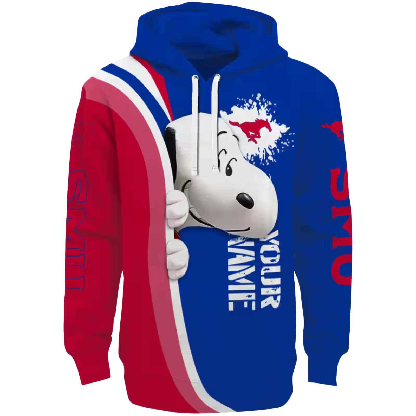 Custom SMU Mustangs Peeking Snoopy Blue Hoodie