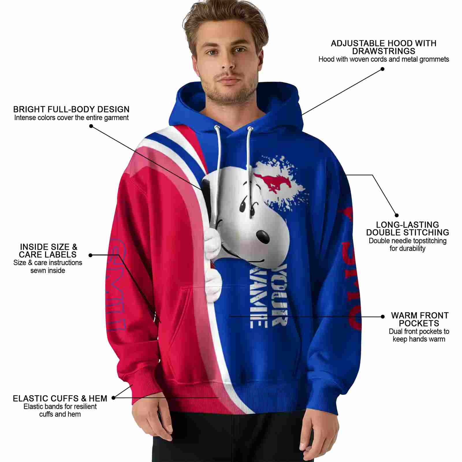 custom smu mustangs peeking snoopy blue hoodie latest model