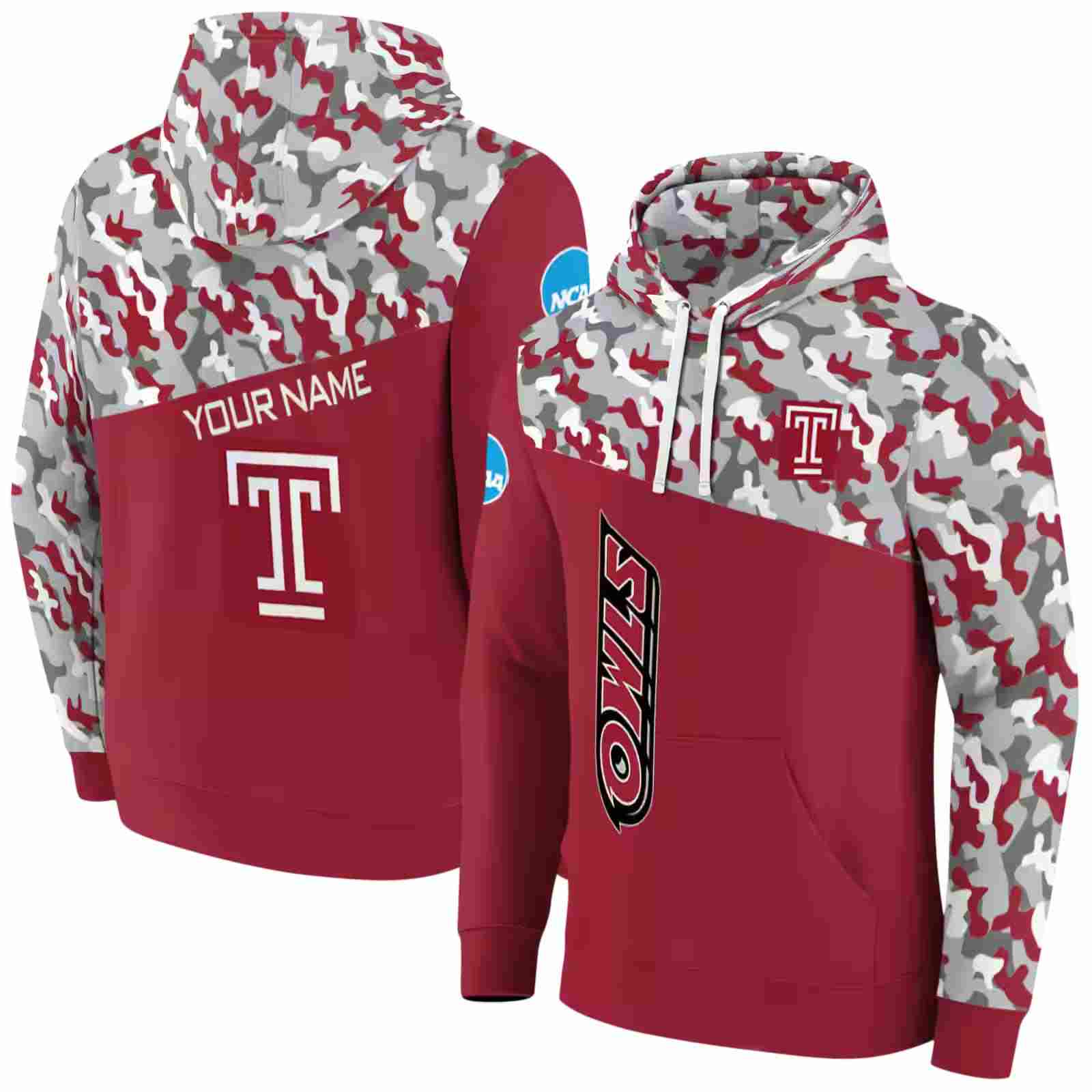 custom temple owls camo pattern red hoodie fashion forward