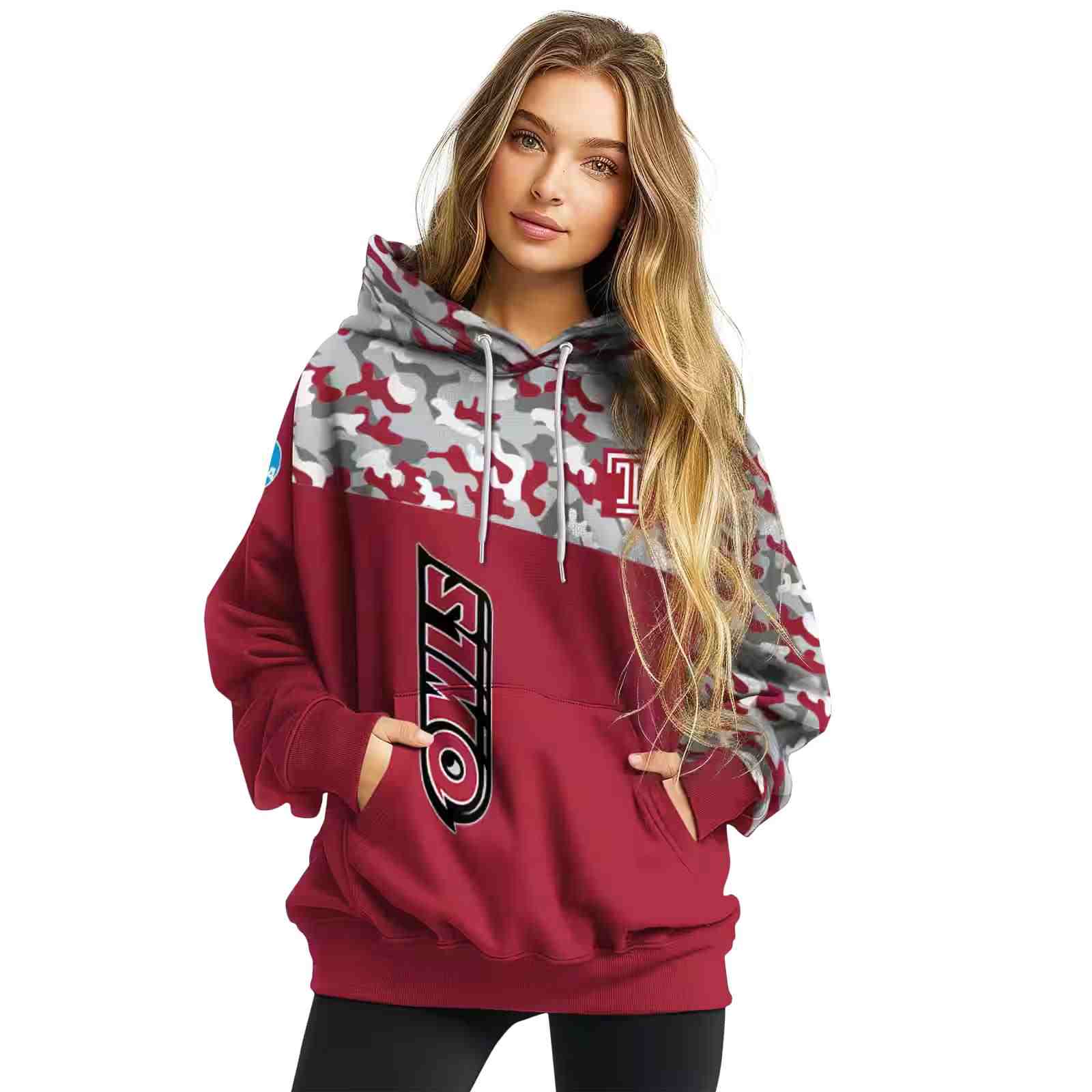 custom temple owls camo pattern red hoodie high quality