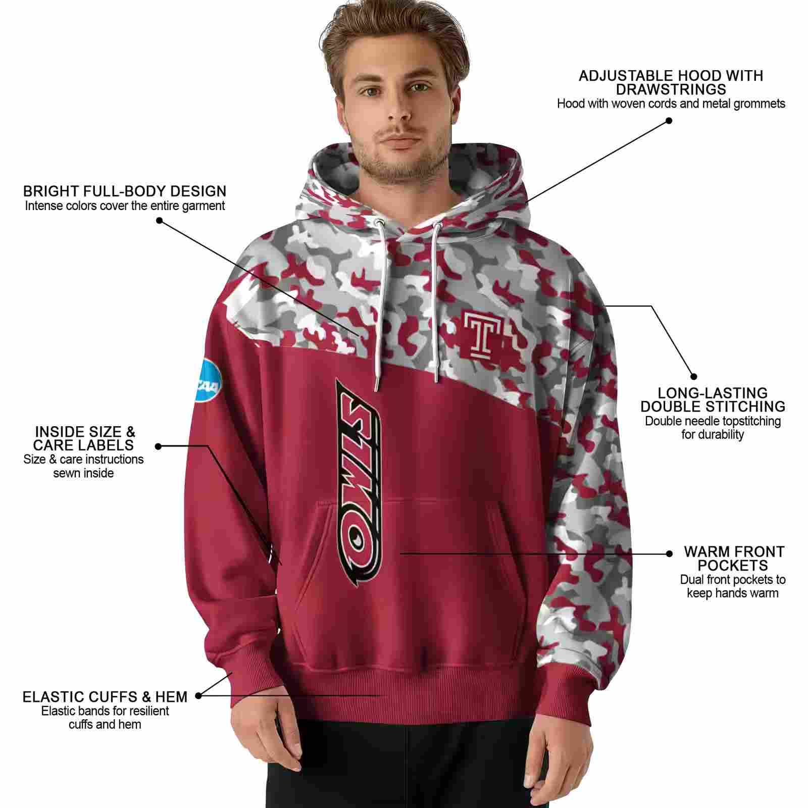 custom temple owls camo pattern red hoodie latest model