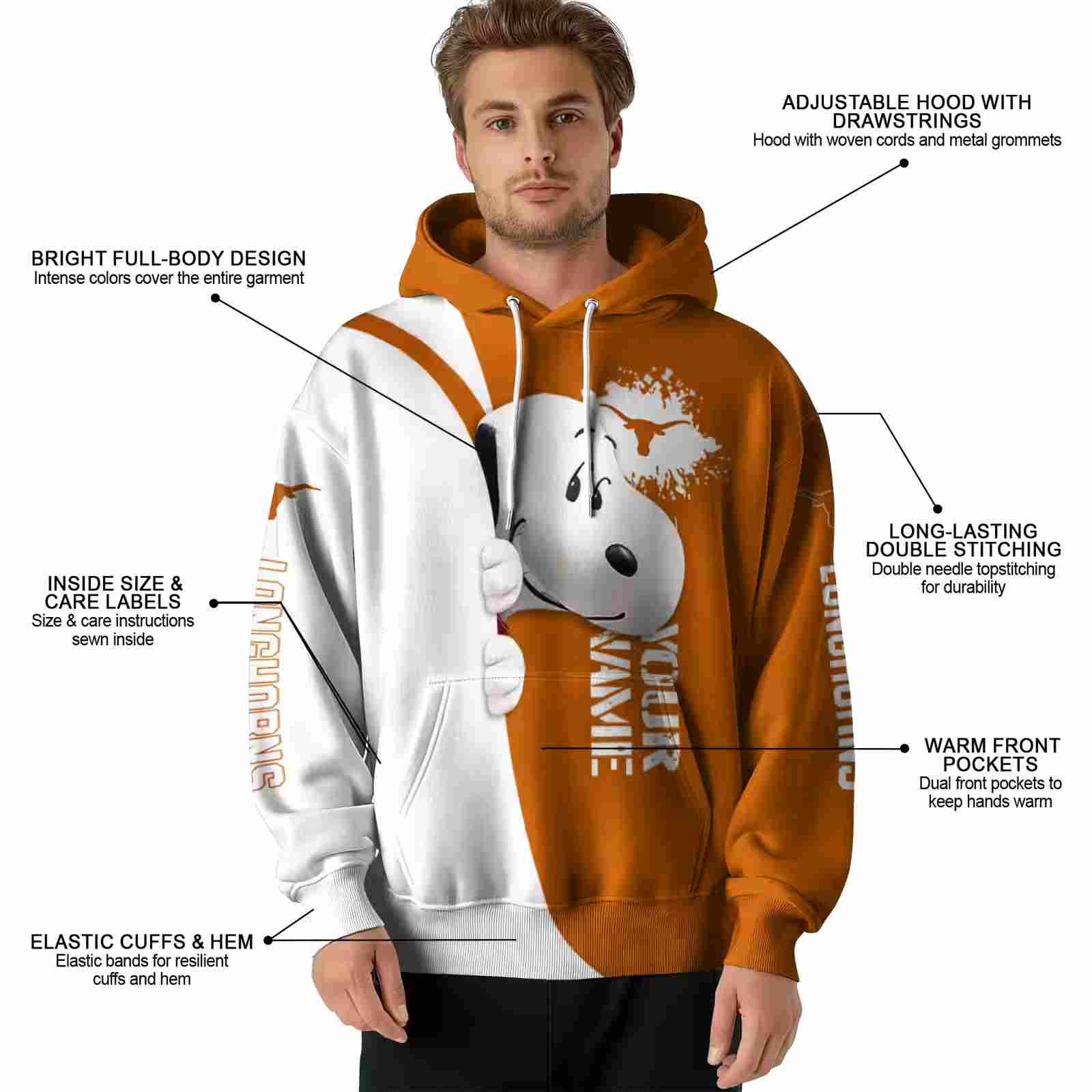 custom texas longhorns peeking snoopy orange hoodie latest model