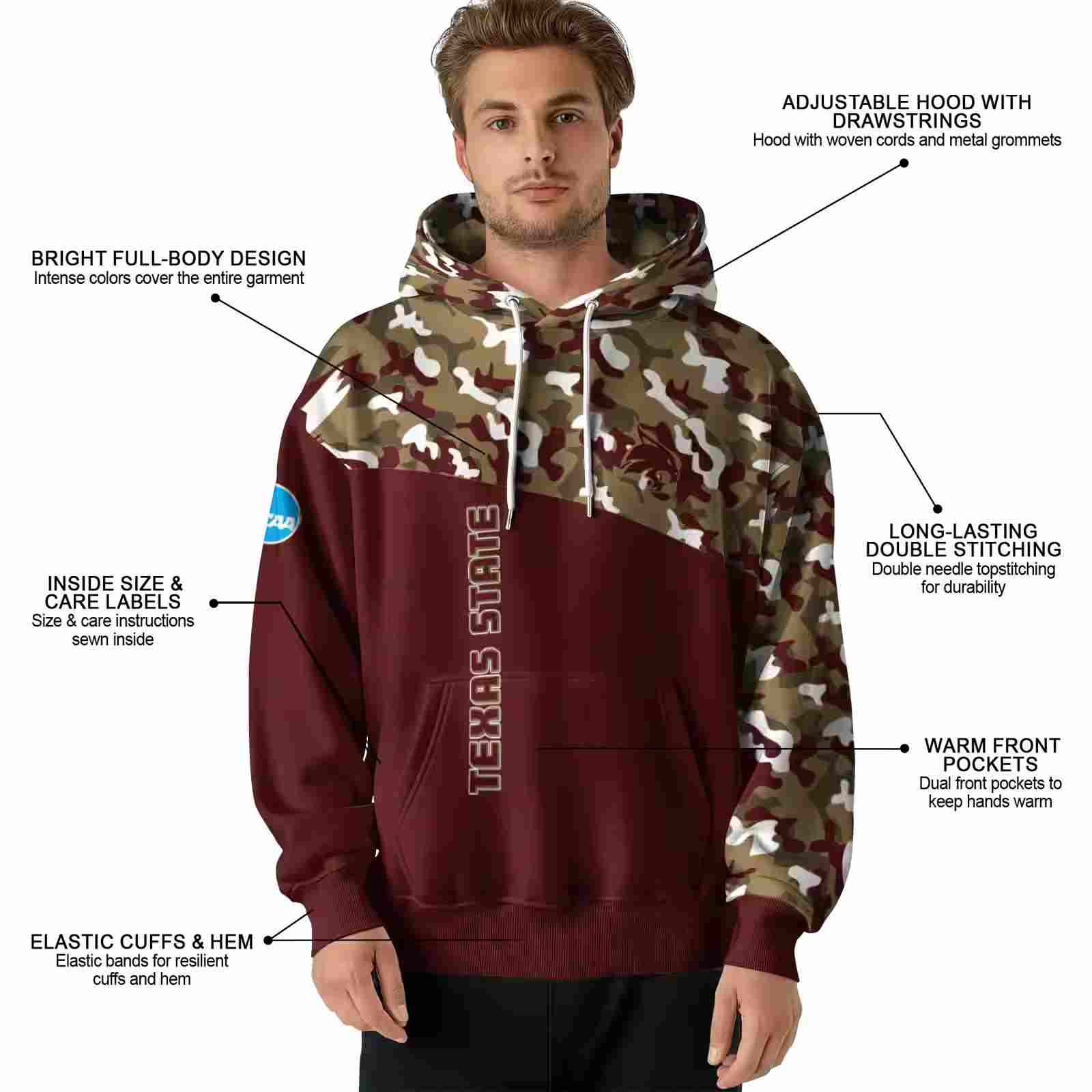 custom texas state bobcats camo pattern maroon hoodie latest model