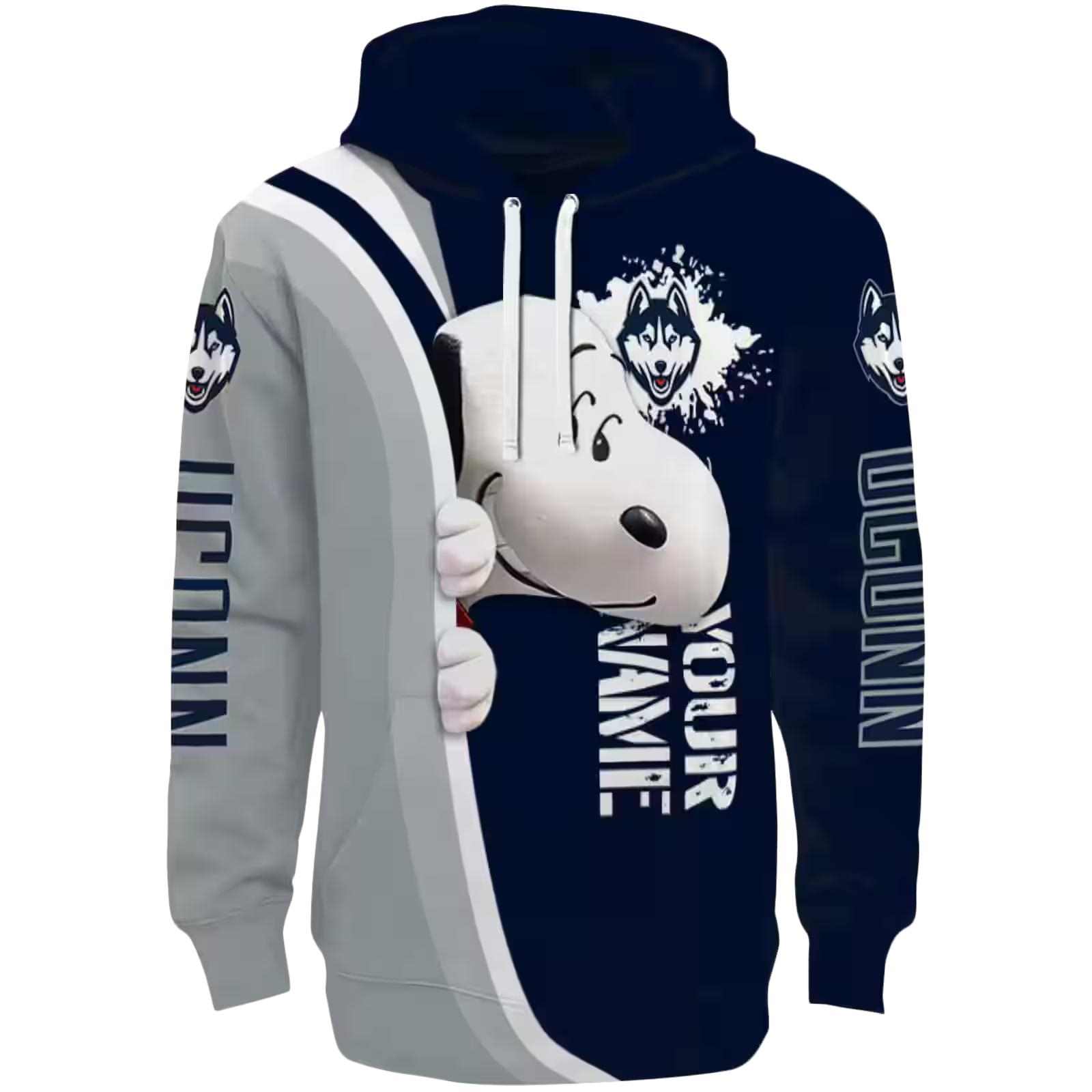 Custom UConn Huskies Peeking Snoopy Blue Hoodie