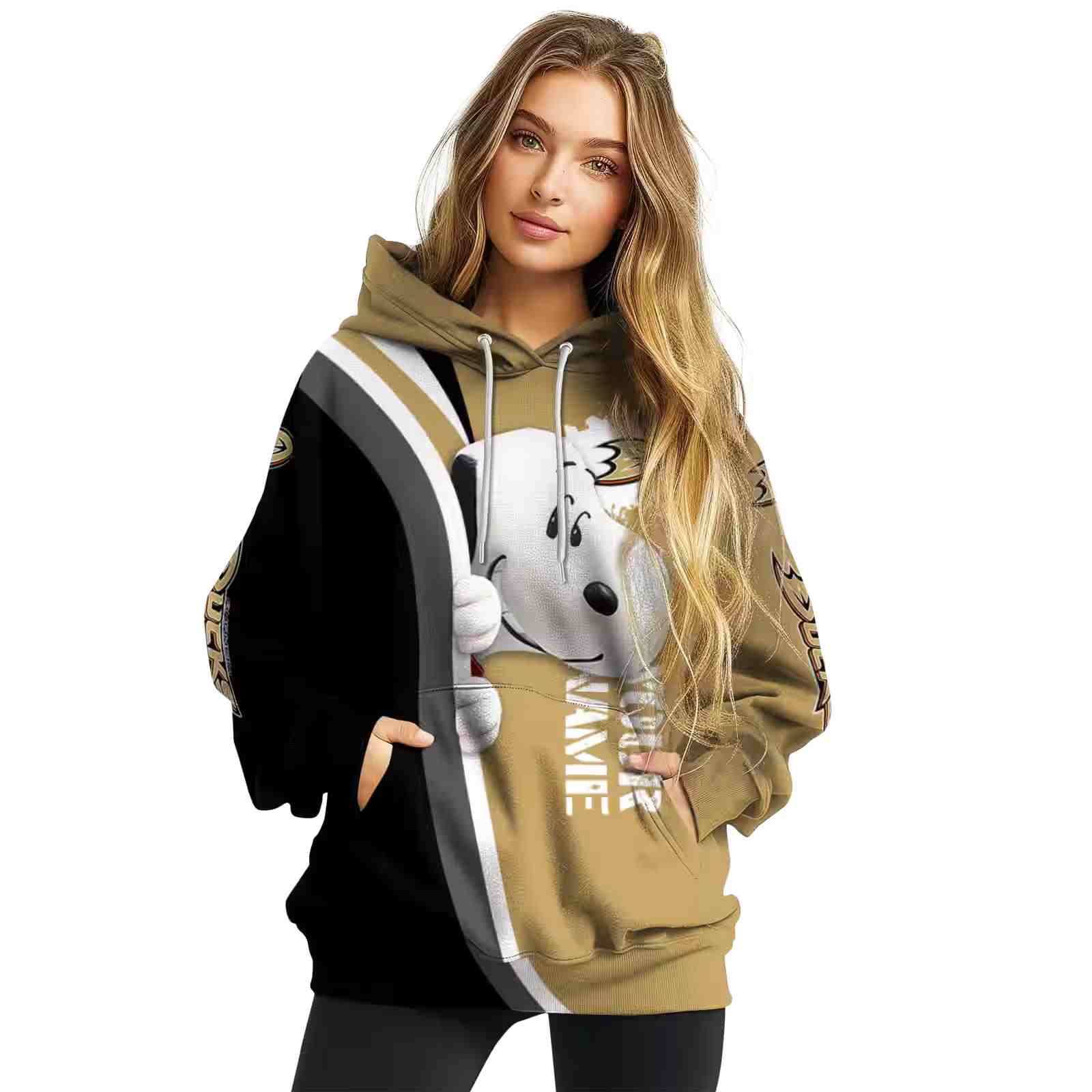 customized anaheim ducks peeking snoopy gold hoodie high quality