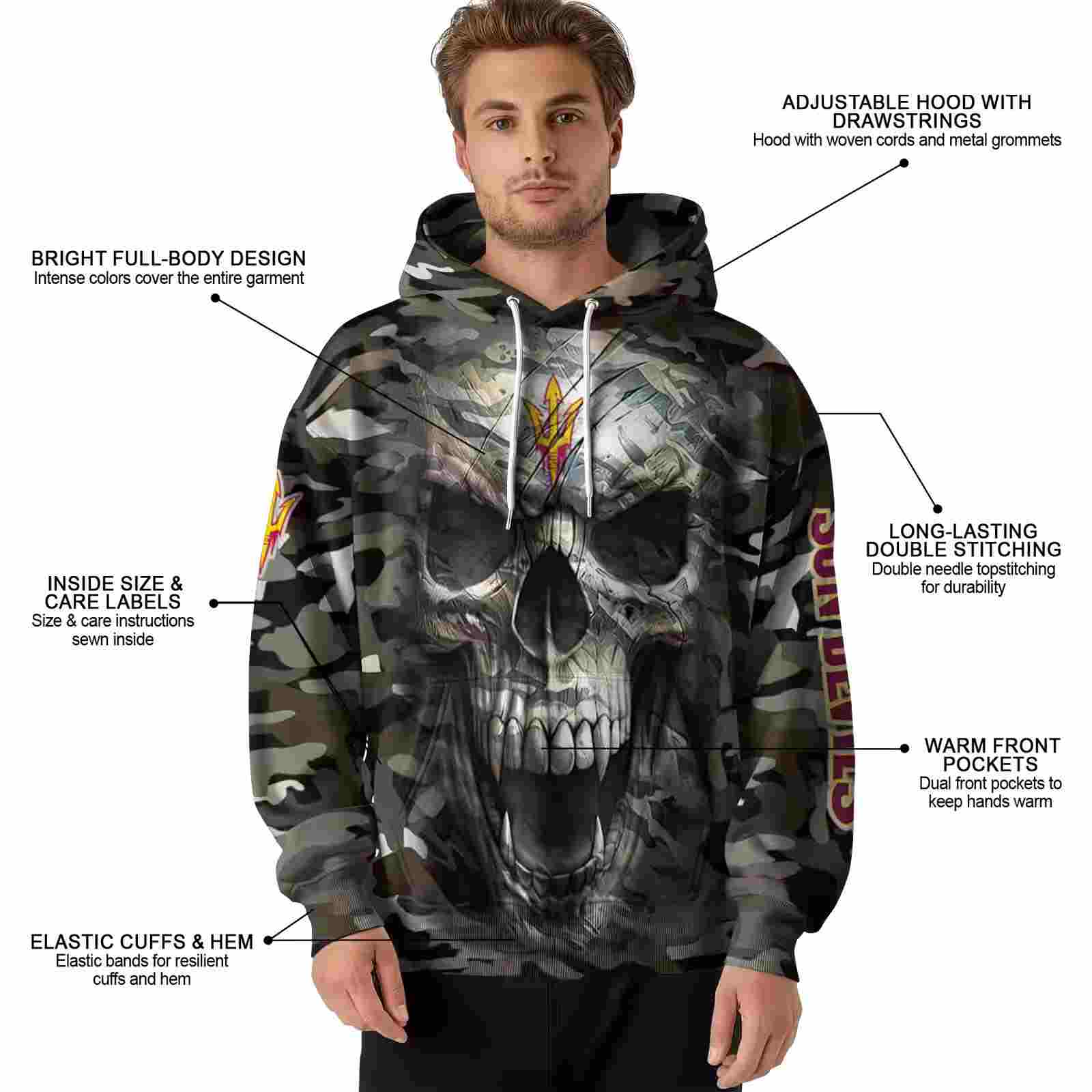 customized arizona state sun devils camo skull hoodie latest model