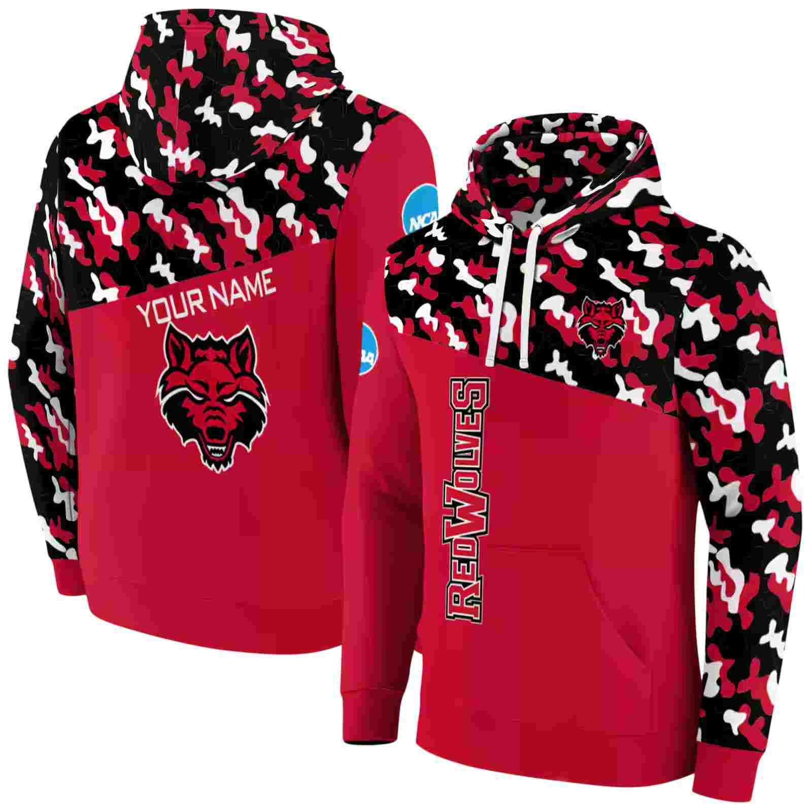 customized arkansas state red wolves camo pattern scarlet hoodie fashion forward