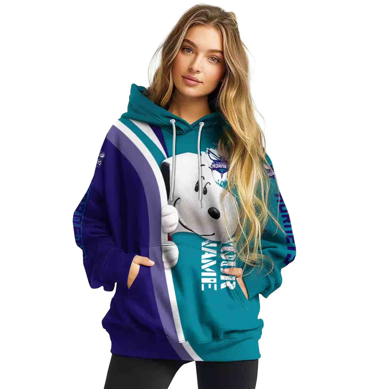 customized charlotte hornets peeking snoopy teal hoodie high quality