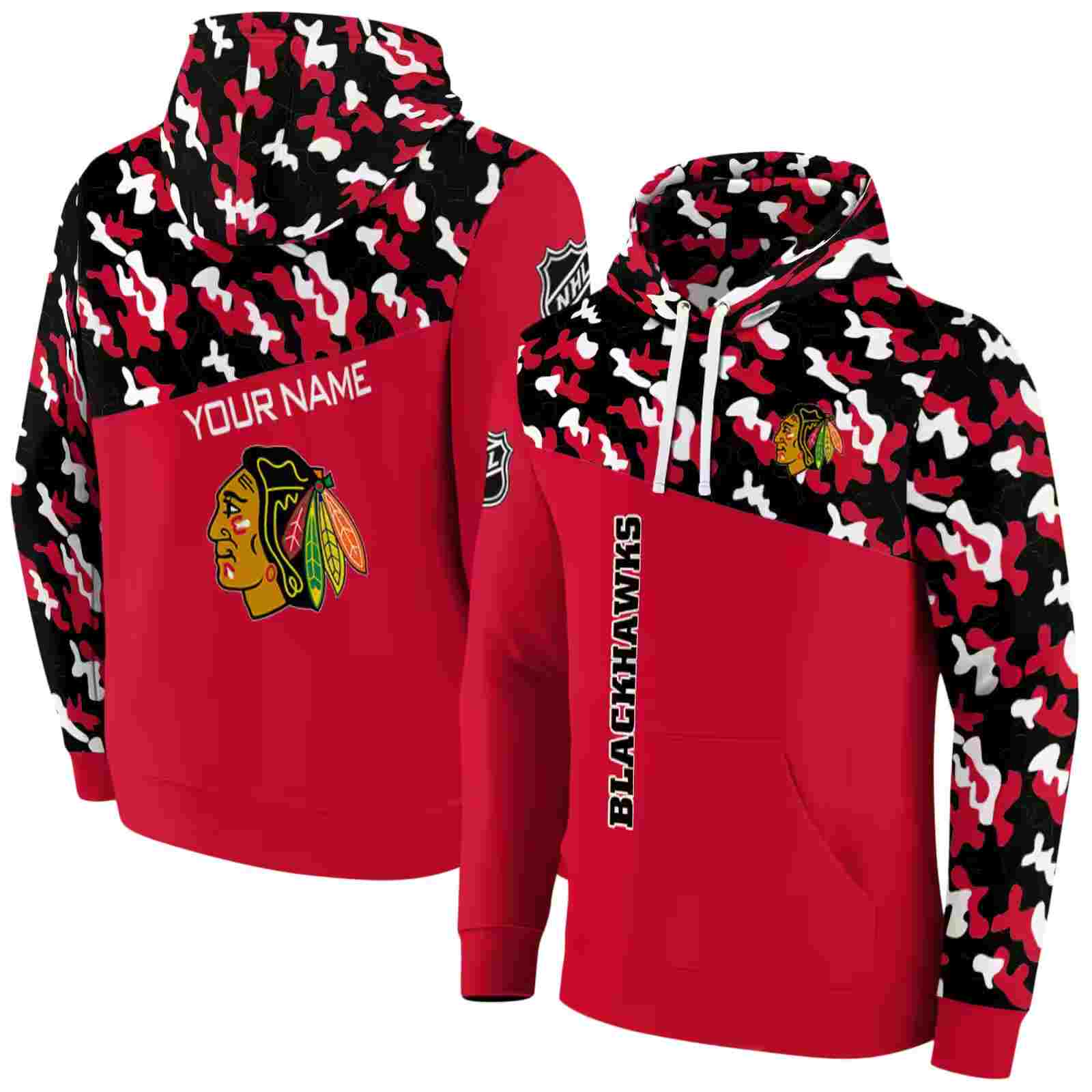 customized chicago blackhawks camo pattern red hoodie fashion forward