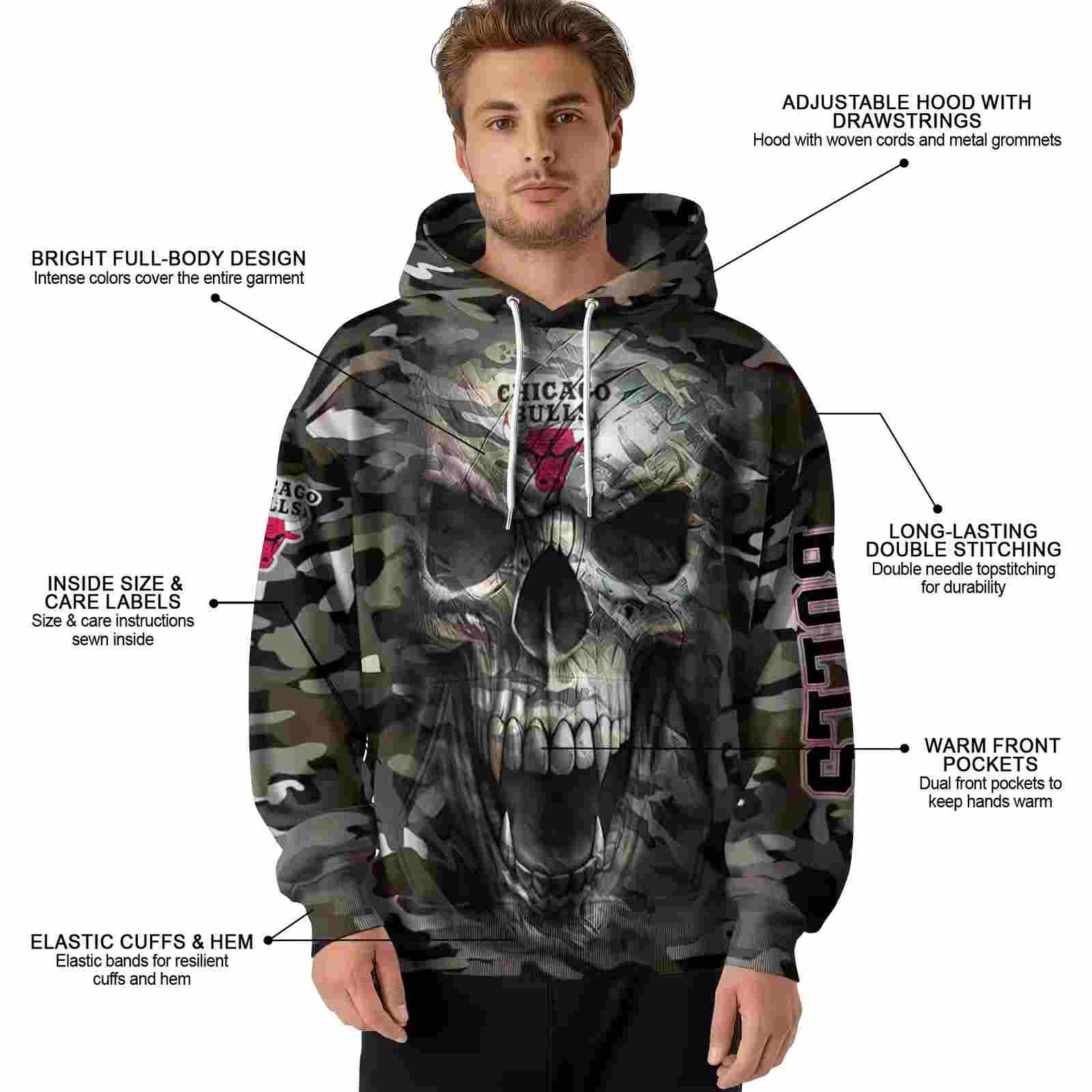 customized chicago bulls camo skull hoodie latest model