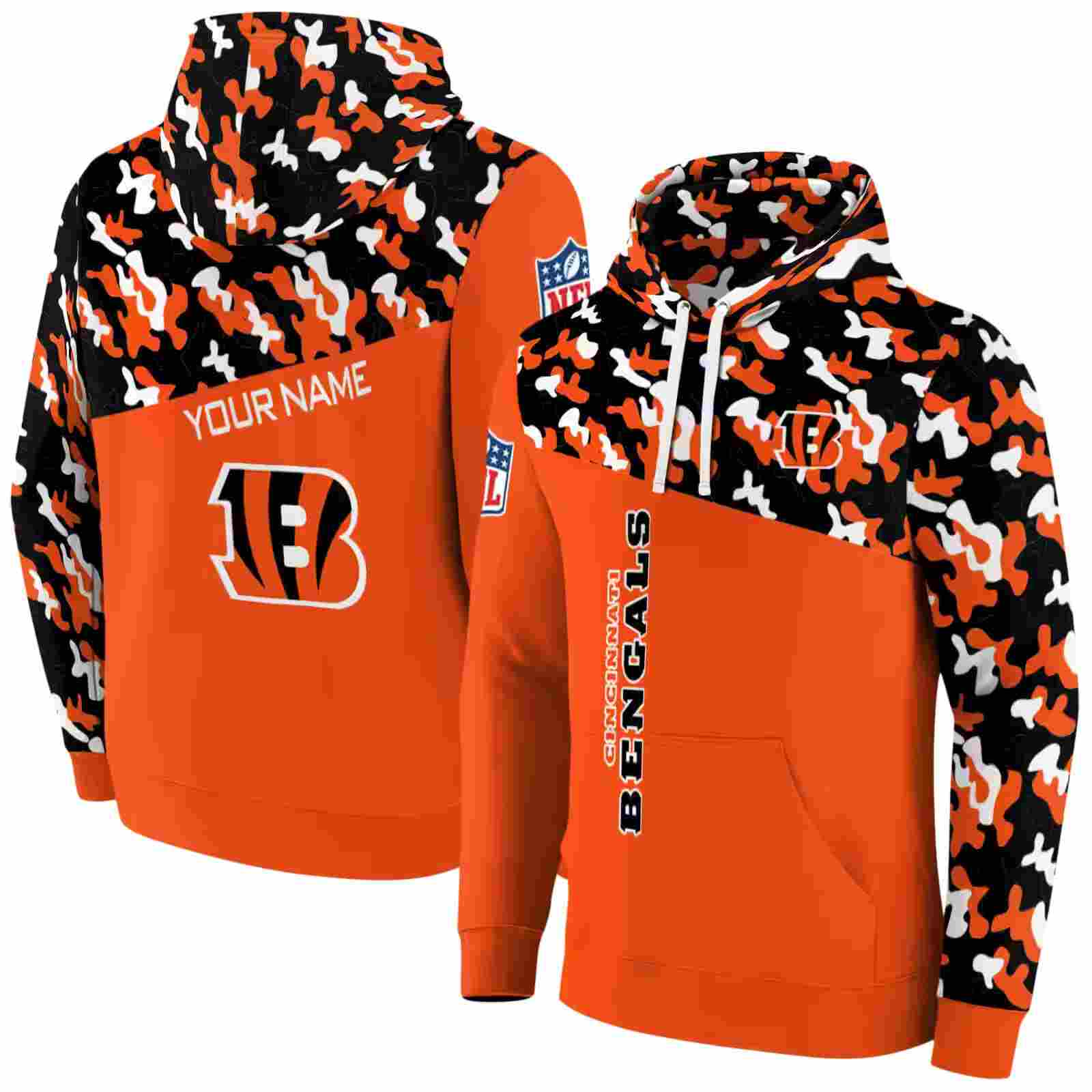 customized cincinnati bengals camo pattern orange hoodie fashion forward