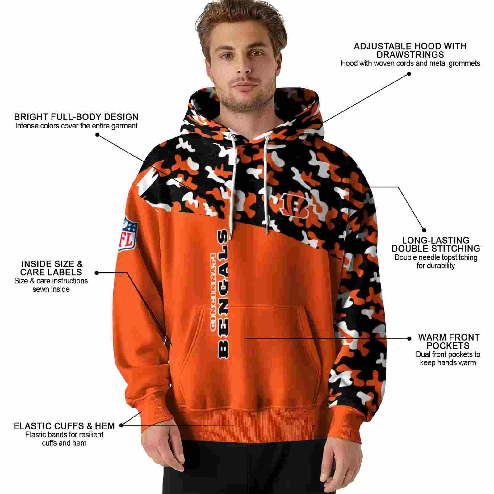 customized cincinnati bengals camo pattern orange hoodie latest model