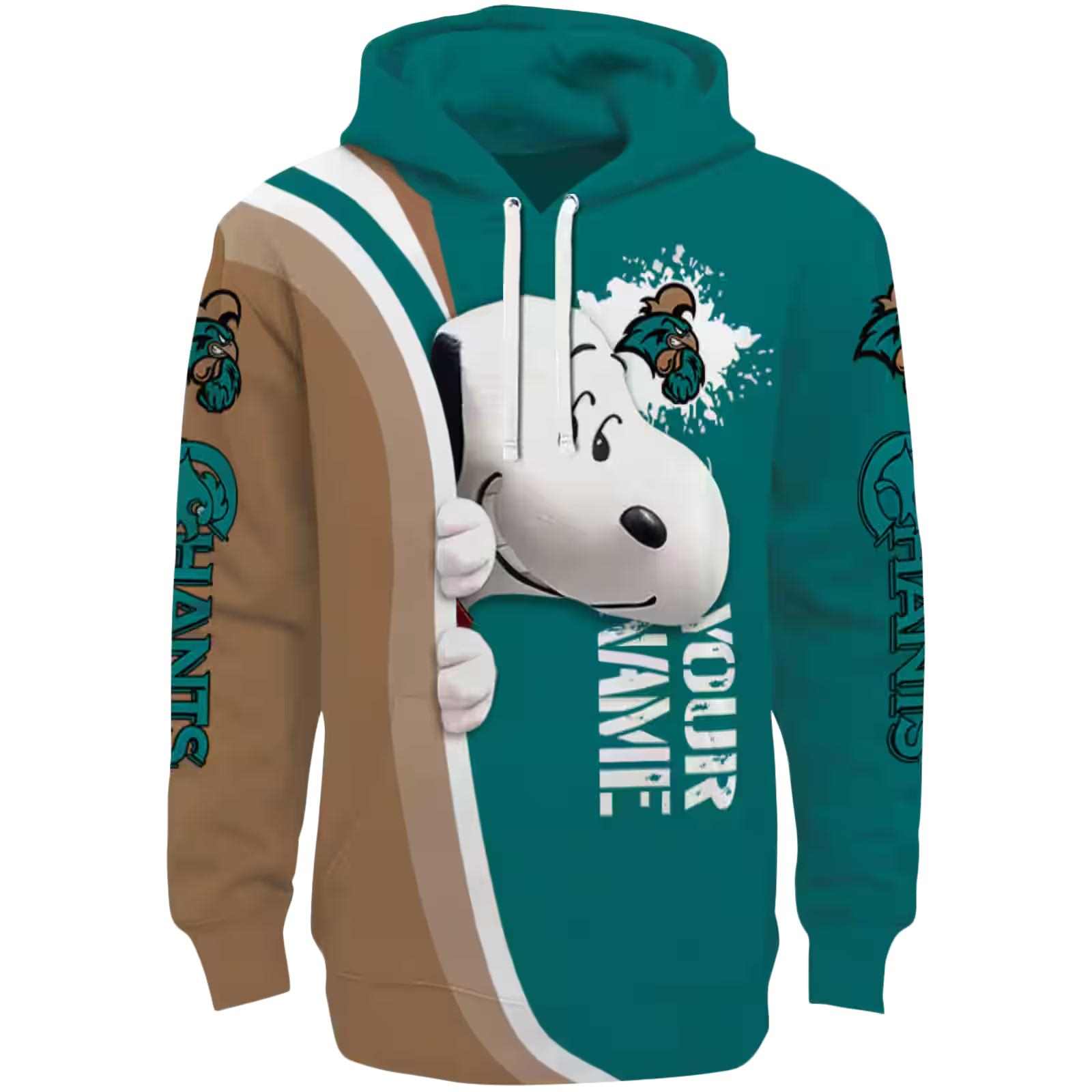 Customized Coastal Carolina Chanticleers Peeking Snoopy Green Hoodie